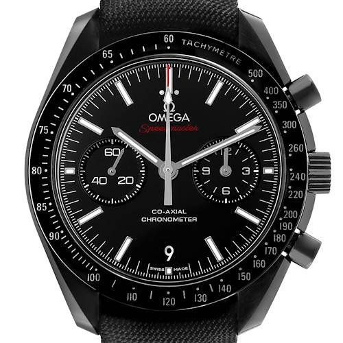 The Omega Speedmaster 311.92.44.51.01.007 Men's Ceramic Black Dial watch is shown from the front, featuring its black dial, tachymetre scale, subdials, and logo.
