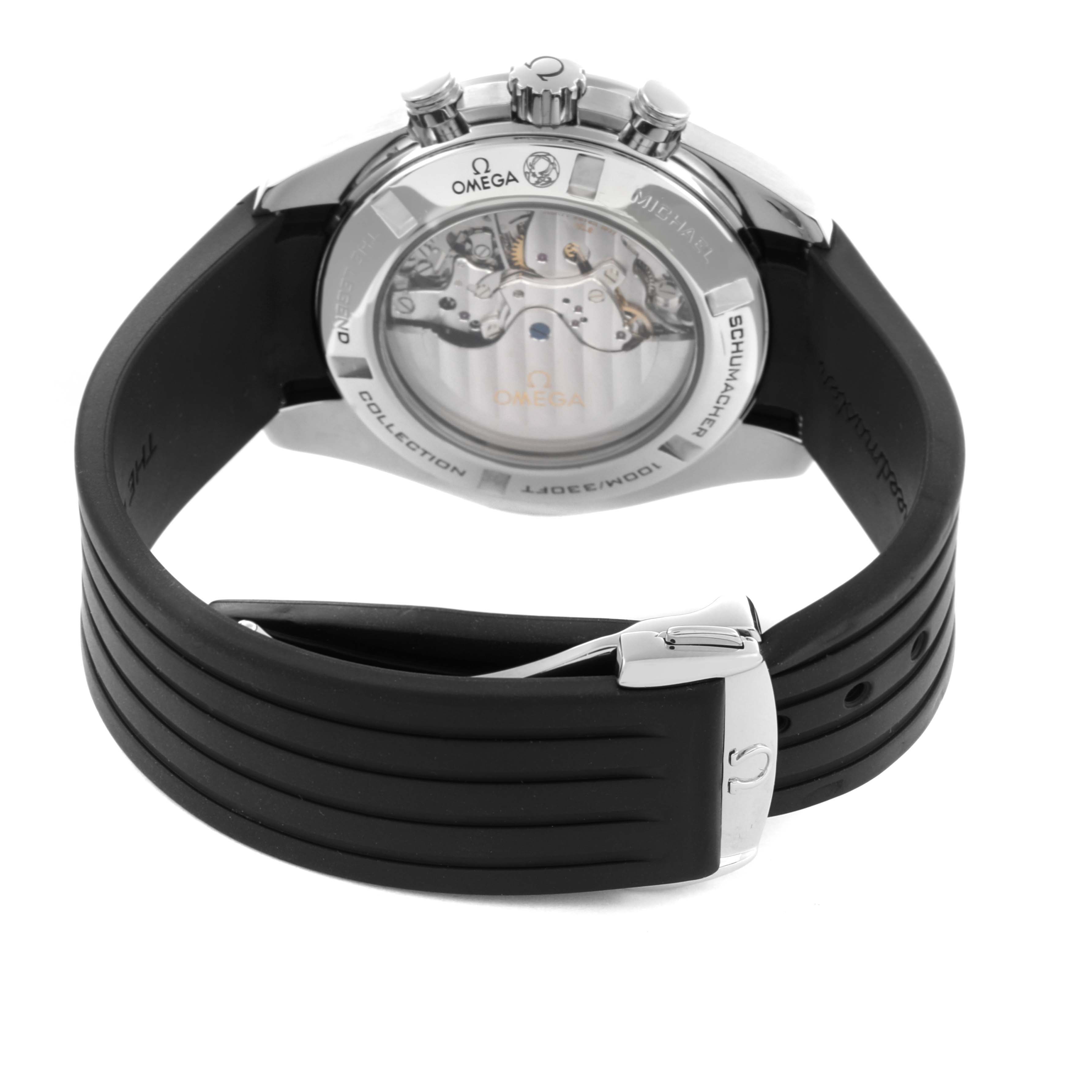 The image shows the case back and movement of the Omega Speedmaster 321.32.44.50.01.001 Men
s Stainless Steel Black Dial 321.32.44.50.01.001 Men
s Stainless Steel Black Dial, with a black rubber strap and clasp.