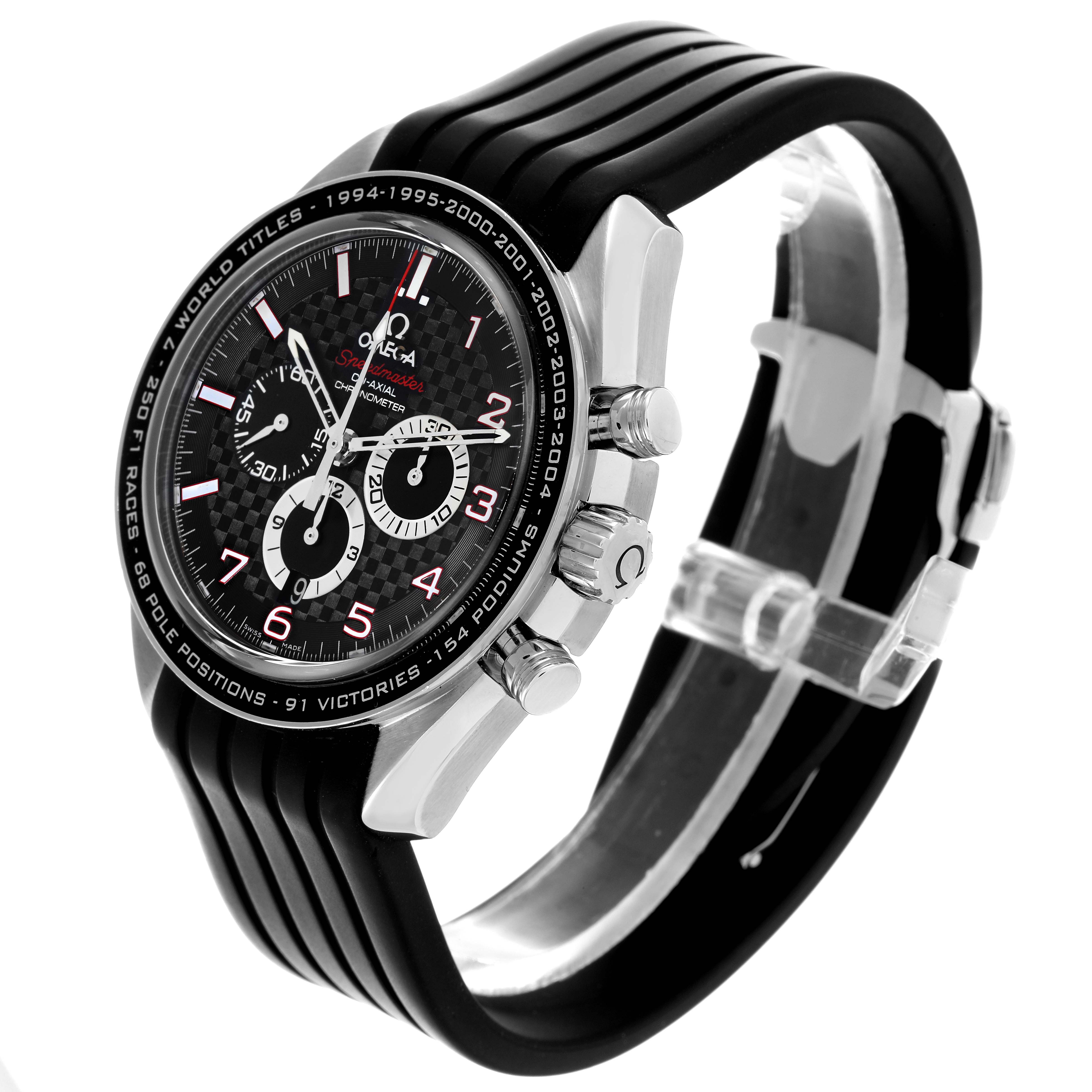 The Omega Speedmaster 321.32.44.50.01.001 Men
s Stainless Steel Black Dial 321.32.44.50.01.001 Men
s Stainless Steel Black Dial watch is shown at a three-quarter angle, highlighting the face, bezel, buttons, and strap.