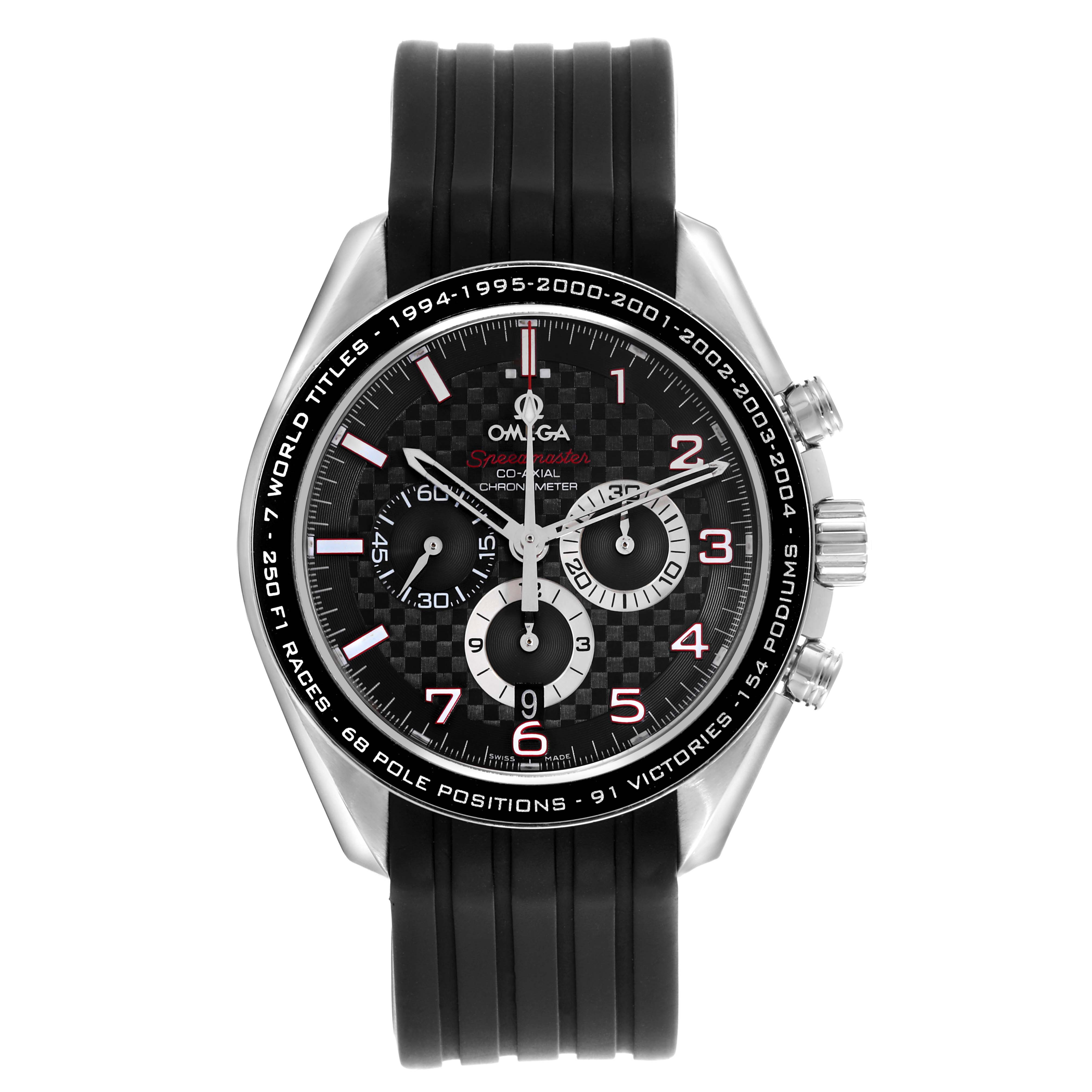 The Omega Speedmaster 321.32.44.50.01.001 Men
s Stainless Steel Black Dial 321.32.44.50.01.001 Men
s Stainless Steel Black Dial watch is shown from the front, displaying its black dial, bezel, pushers, and rubber strap.