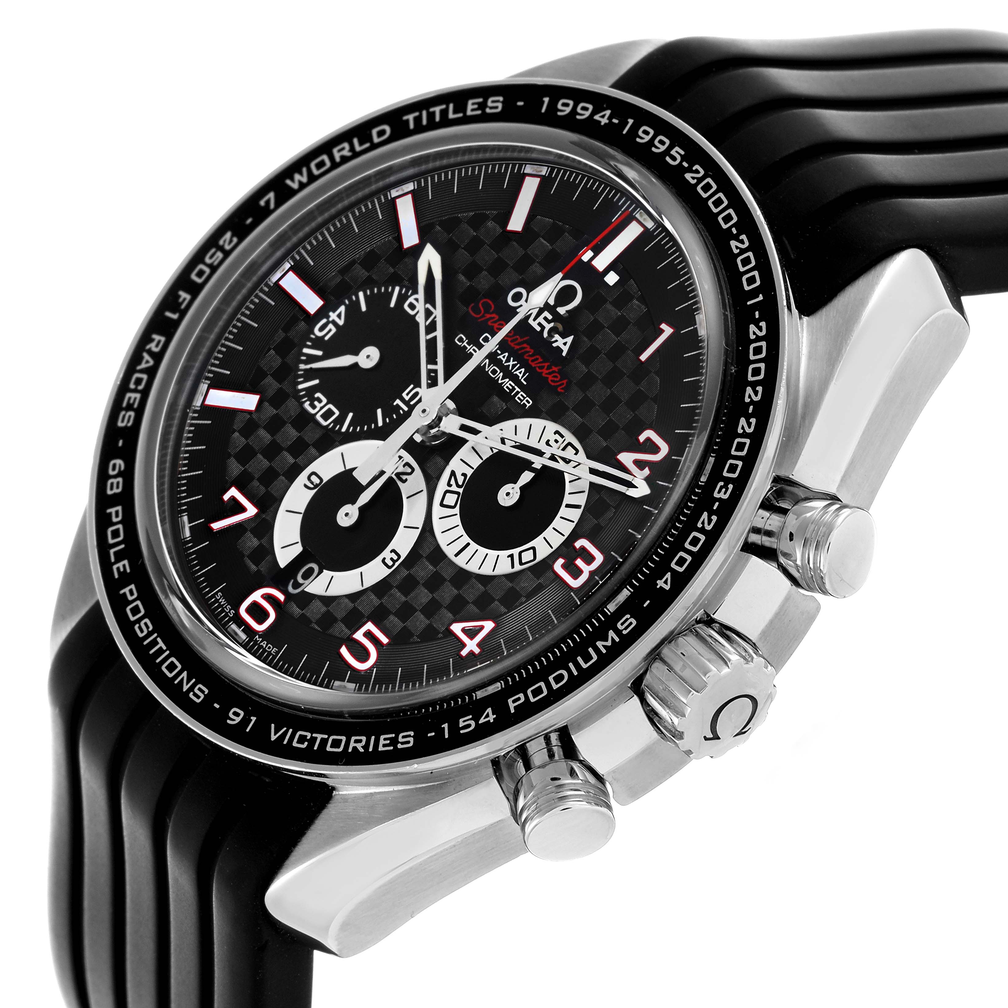 The Omega Speedmaster 321.32.44.50.01.001 Men
s Stainless Steel Black Dial 321.32.44.50.01.001 Men
s Stainless Steel Black Dial watch is shown from an angled side view, highlighting the face, bezel, and chronograph pushers.