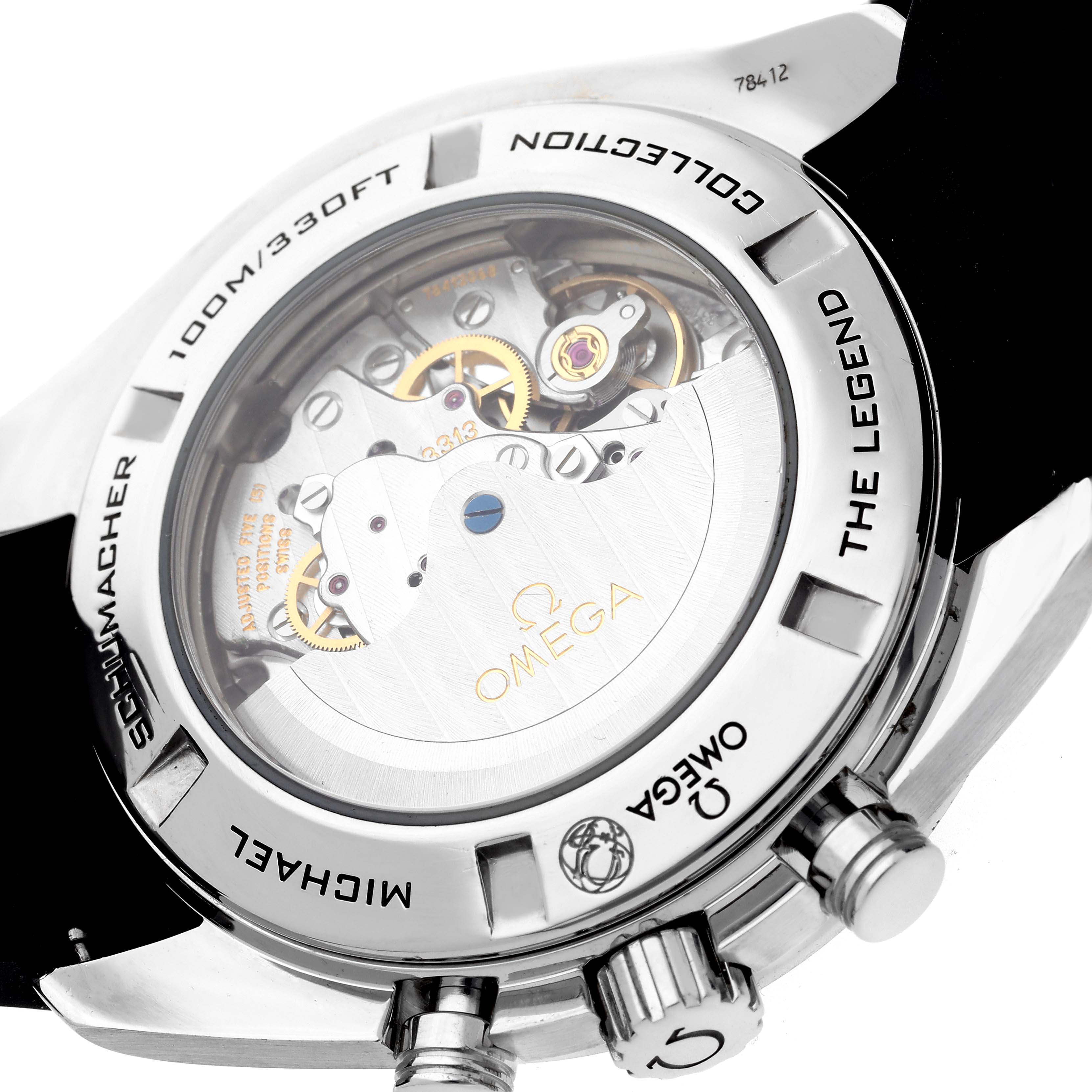 The Omega Speedmaster 321.32.44.50.01.001 Men
s Stainless Steel Black Dial 321.32.44.50.01.001 Men
s Stainless Steel Black Dial is shown from the back, highlighting the movement and engravings on the case.