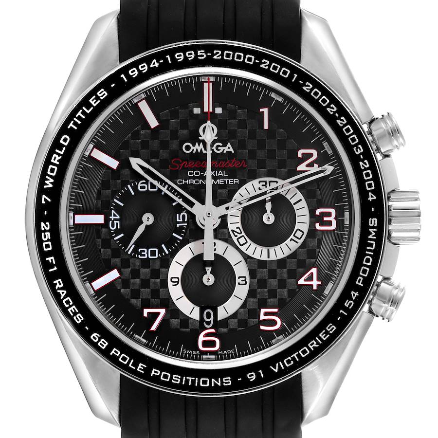 The Omega Speedmaster watch is shown from the front, displaying the dial, bezel, pushers, and crown.