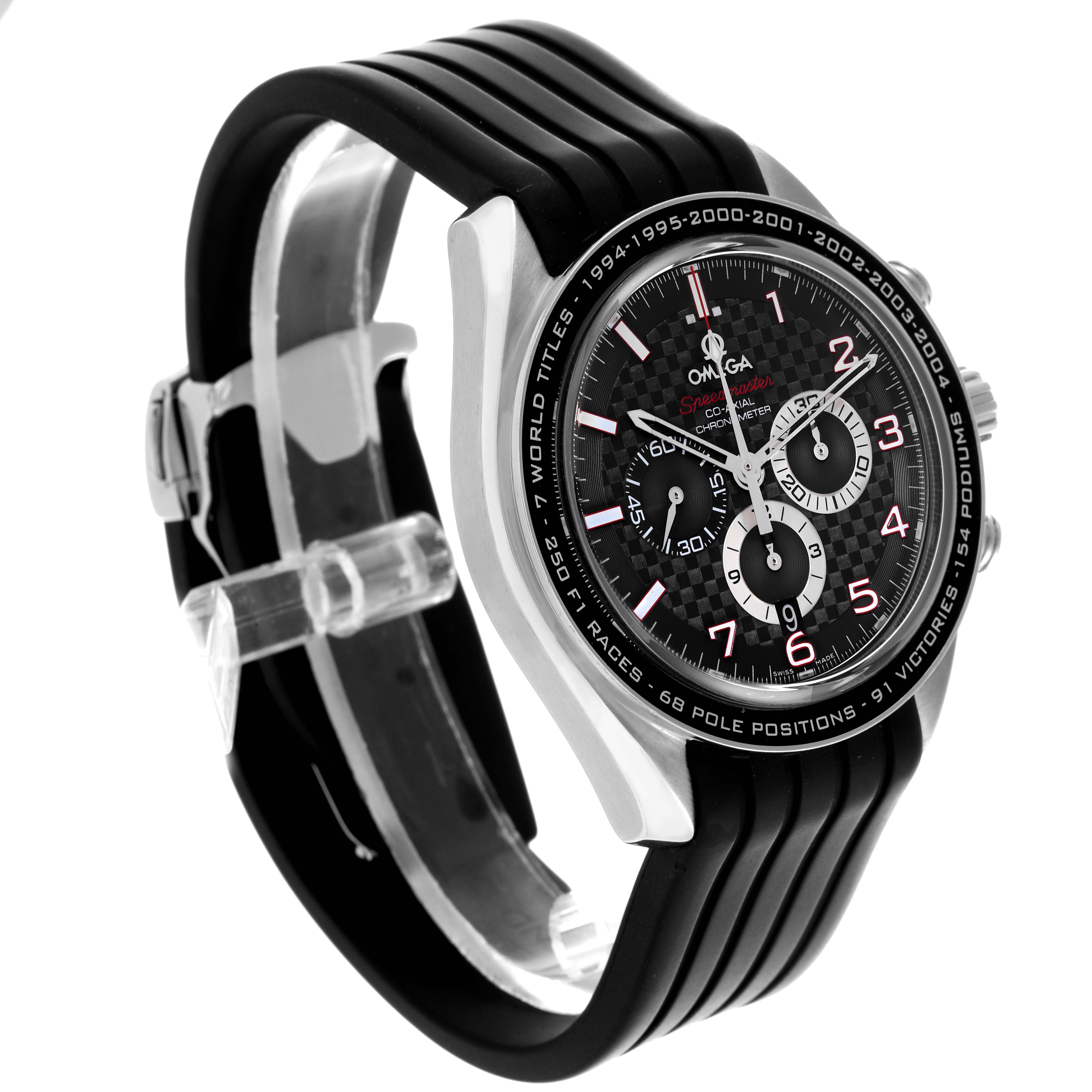 The Omega Speedmaster 321.32.44.50.01.001 Men
s Stainless Steel Black Dial 321.32.44.50.01.001 Men
s Stainless Steel Black Dial watch is shown at a three-quarter angle, displaying the face, bezel, chronograph dials, and strap.