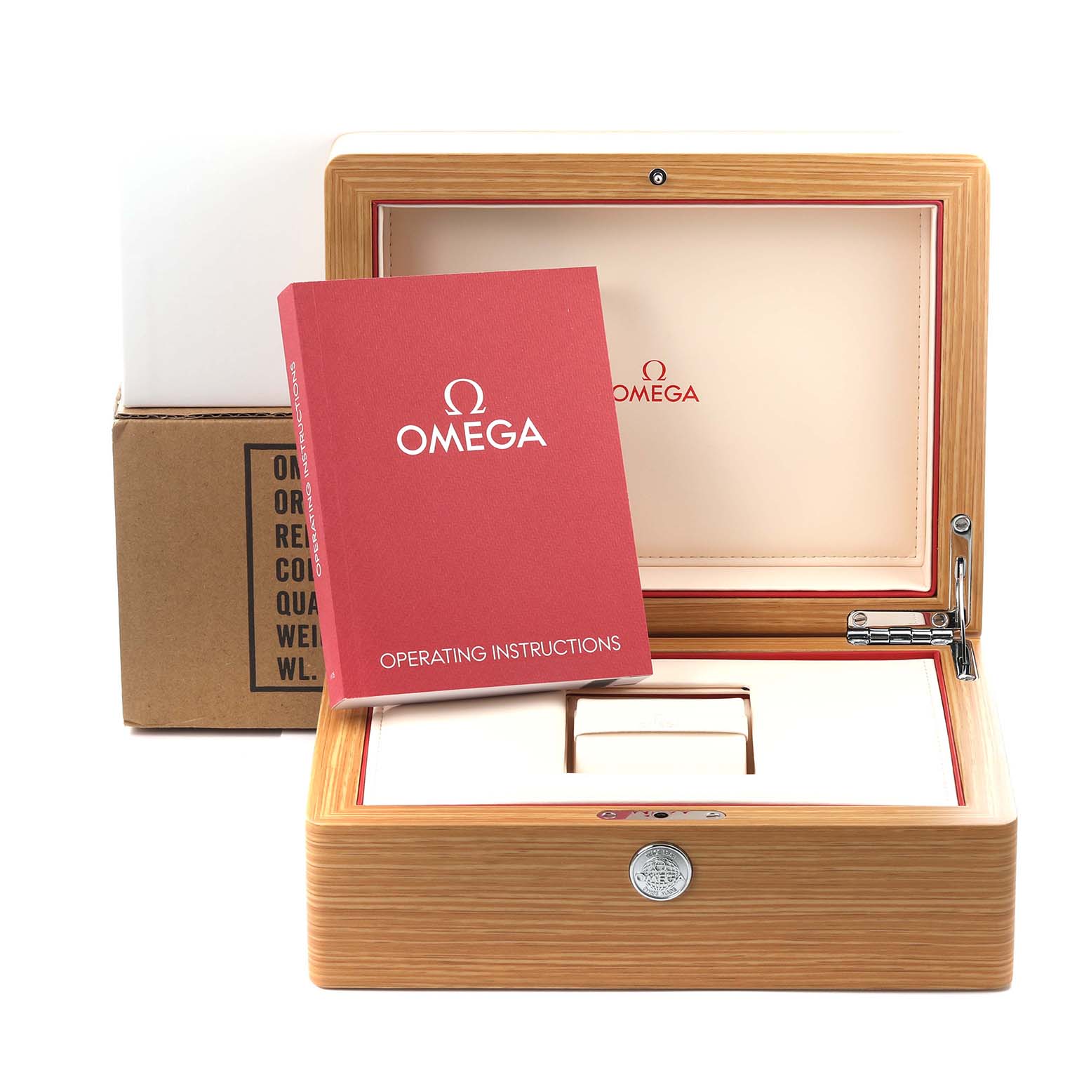 The Omega Speedmaster 321.32.44.50.01.001 Men
s Stainless Steel Black Dial 321.32.44.50.01.001 Men
s Stainless Steel Black Dial watch box and operating instructions are shown from the front angle.