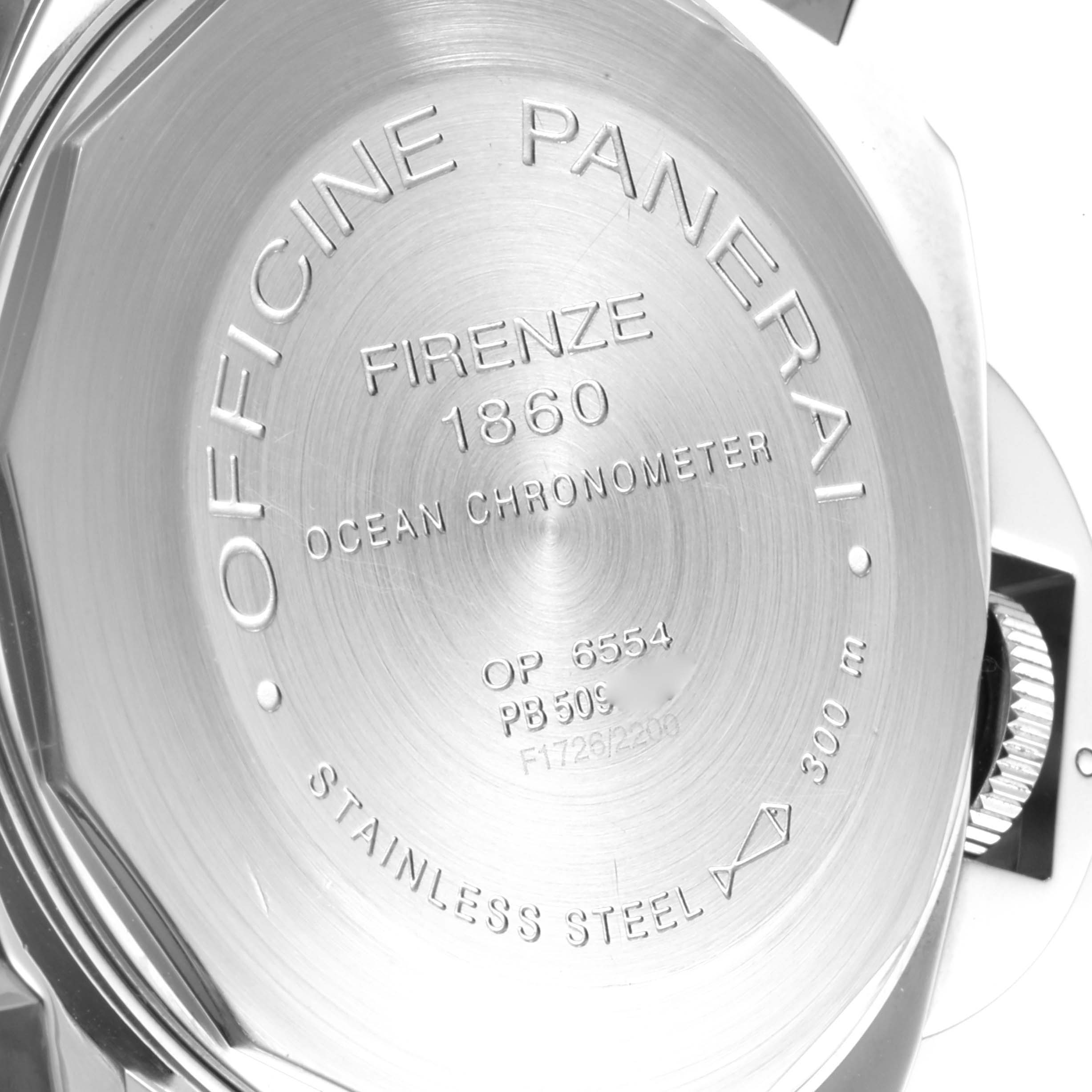 The image shows the back of the Panerai Luminor PAM00088 Men's Stainless Steel Black Dial PAM00088 Men's Stainless Steel Black Dial watch, highlighting branding and specifications.