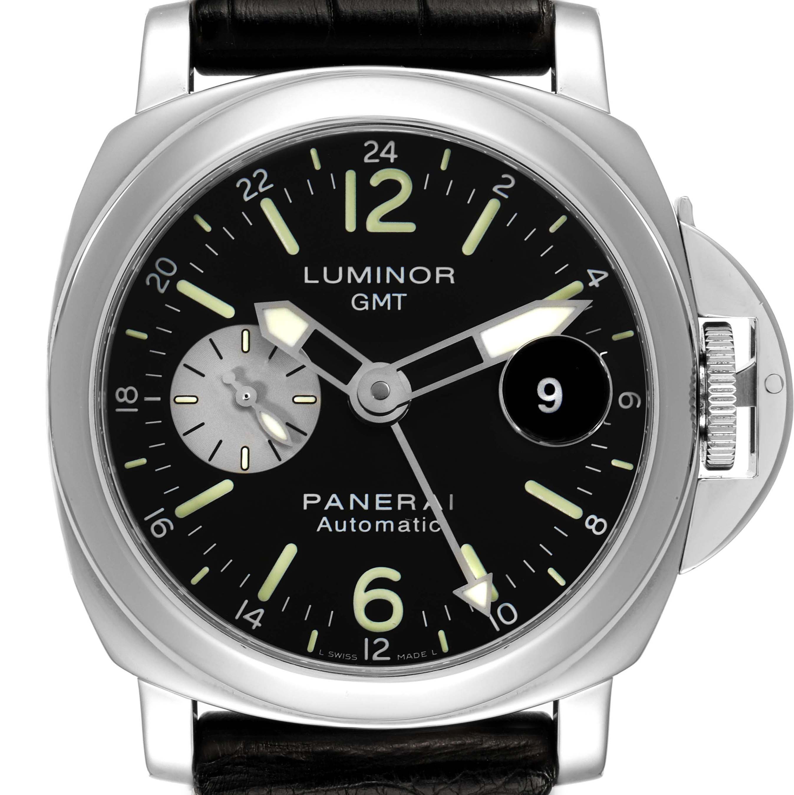The Panerai Luminor PAM00088 Men's Stainless Steel Black Dial PAM00088 Men's Stainless Steel Black Dial watch is shown from a front view, displaying the dial, bezel, crown guard, and strap ends.
