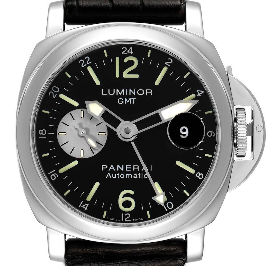 The Panerai Luminor watch is shown from a front view, displaying the dial, bezel, crown guard, and strap ends.