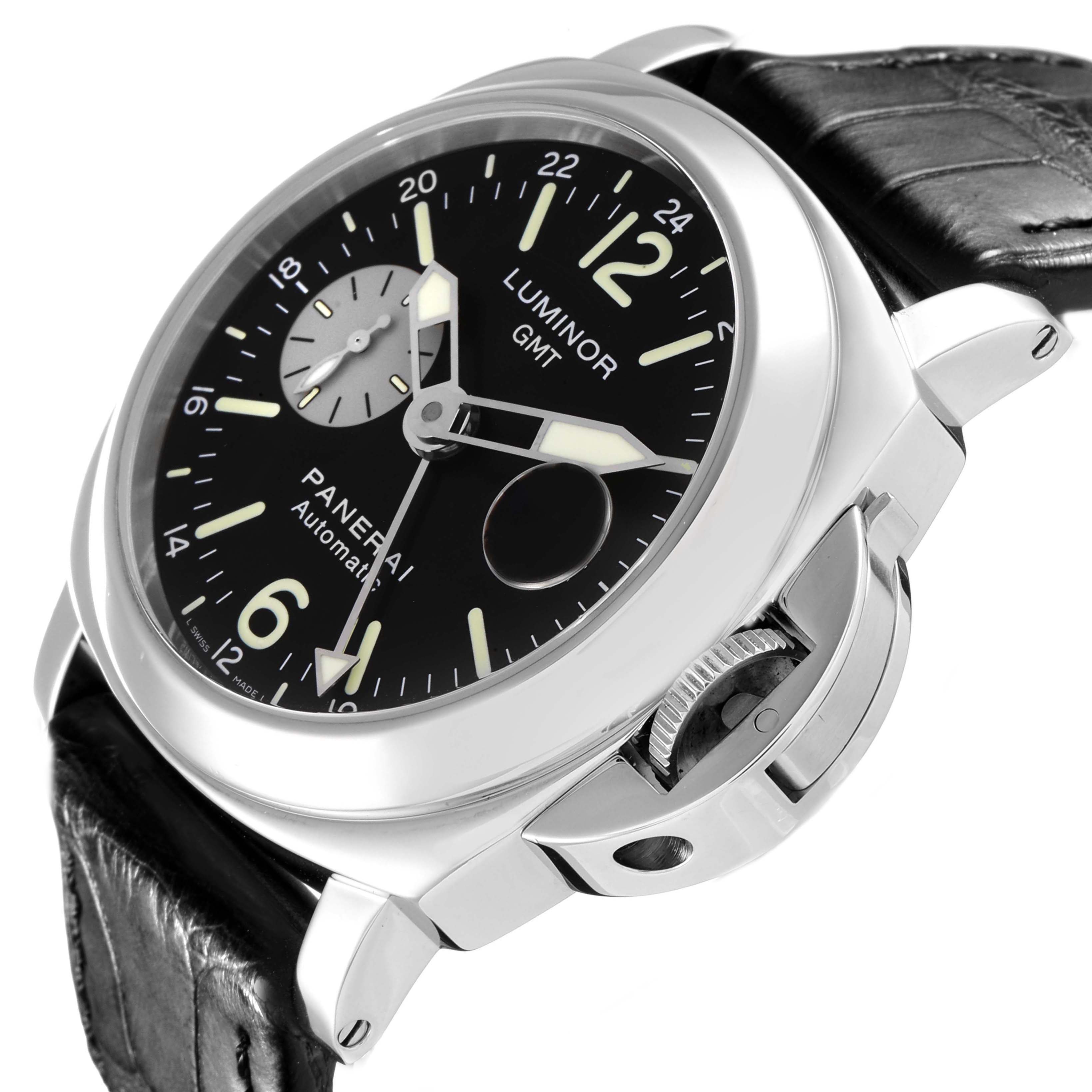 The Panerai Luminor PAM00088 Men's Stainless Steel Black Dial PAM00088 Men's Stainless Steel Black Dial watch is shown at an angle highlighting the dial, crown, and strap attachment.