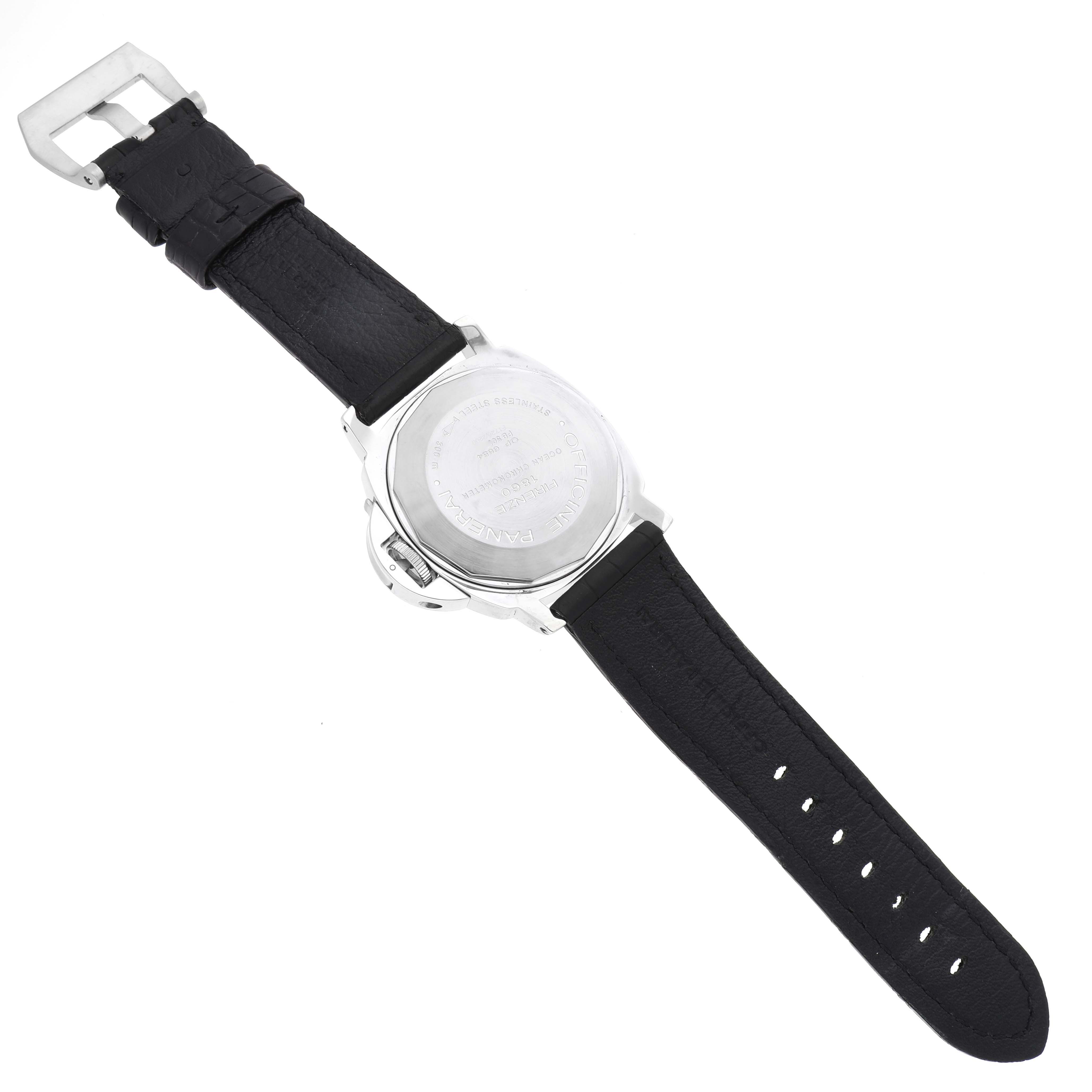 The image shows the back view of a Panerai Luminor PAM00088 Men's Stainless Steel Black Dial PAM00088 Men's Stainless Steel Black Dial watch, highlighting the case back and black strap.