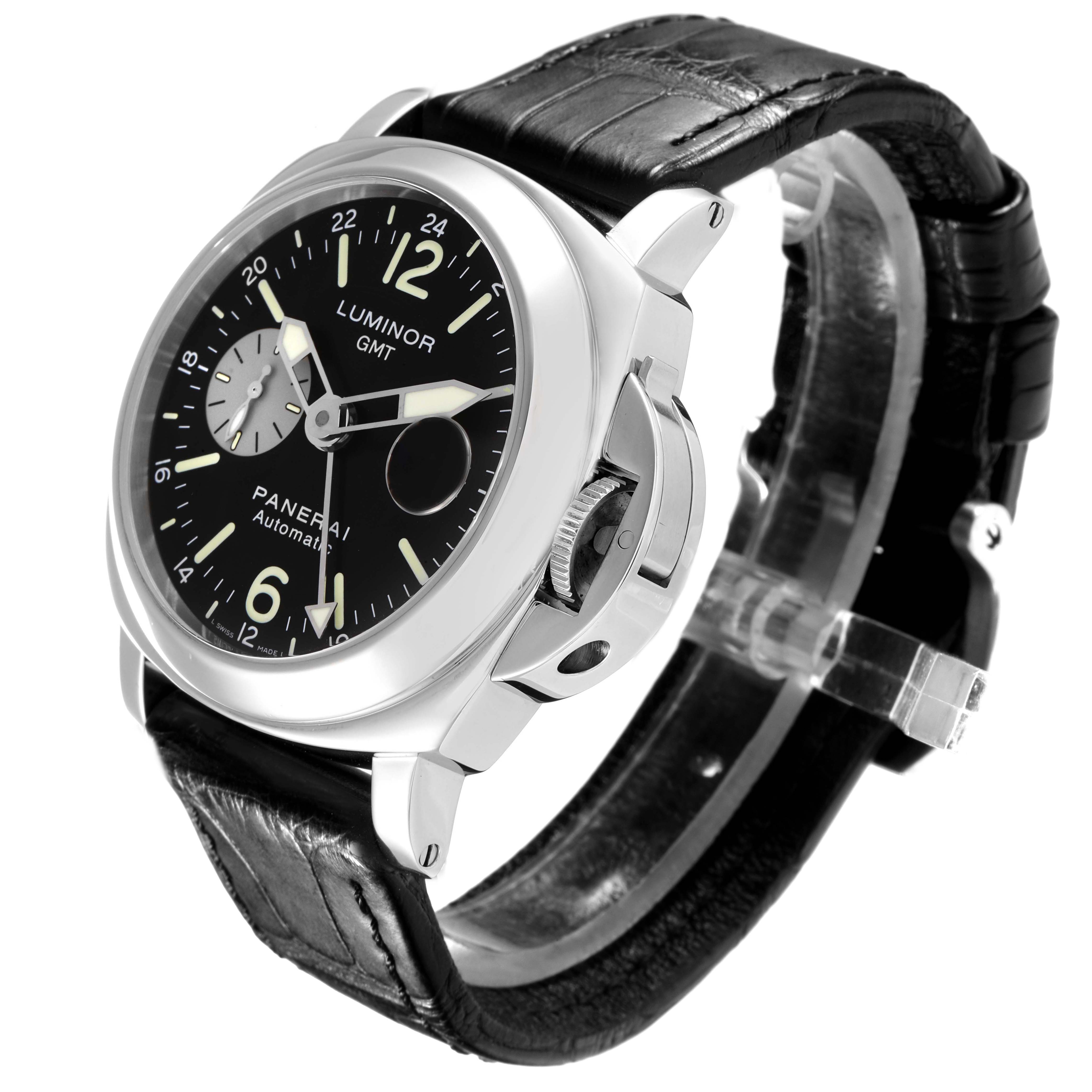 The Panerai Luminor PAM00088 Men's Stainless Steel Black Dial PAM00088 Men's Stainless Steel Black Dial watch is shown at a three-quarter angle, highlighting its dial, crown guard, and black leather strap.