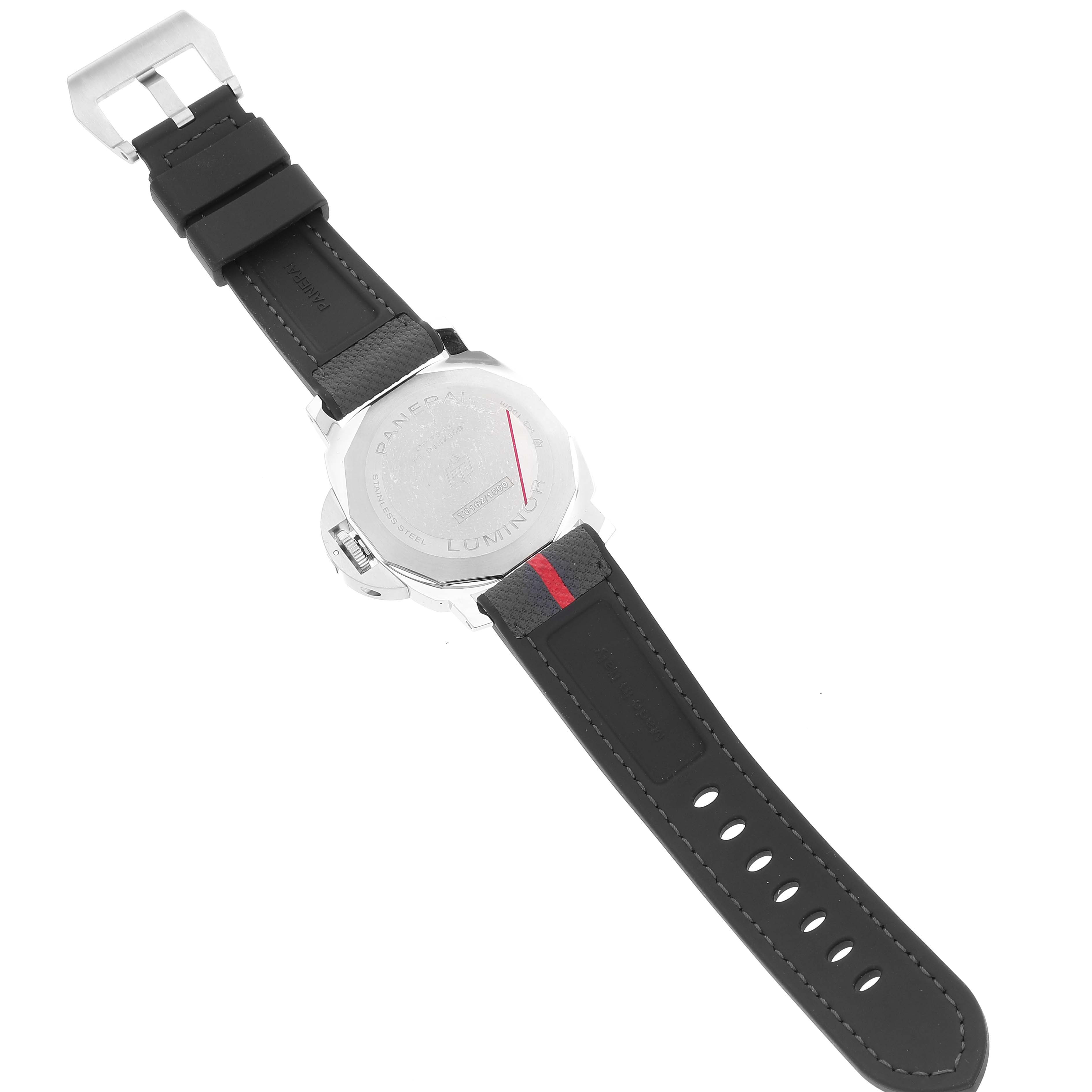 The image shows the back and straps of a Panerai Luminor PAM01342 Men
s Stainless Steel White Dial PAM01342 Men
s Stainless Steel White Dial watch, with the leather strap fully extended.