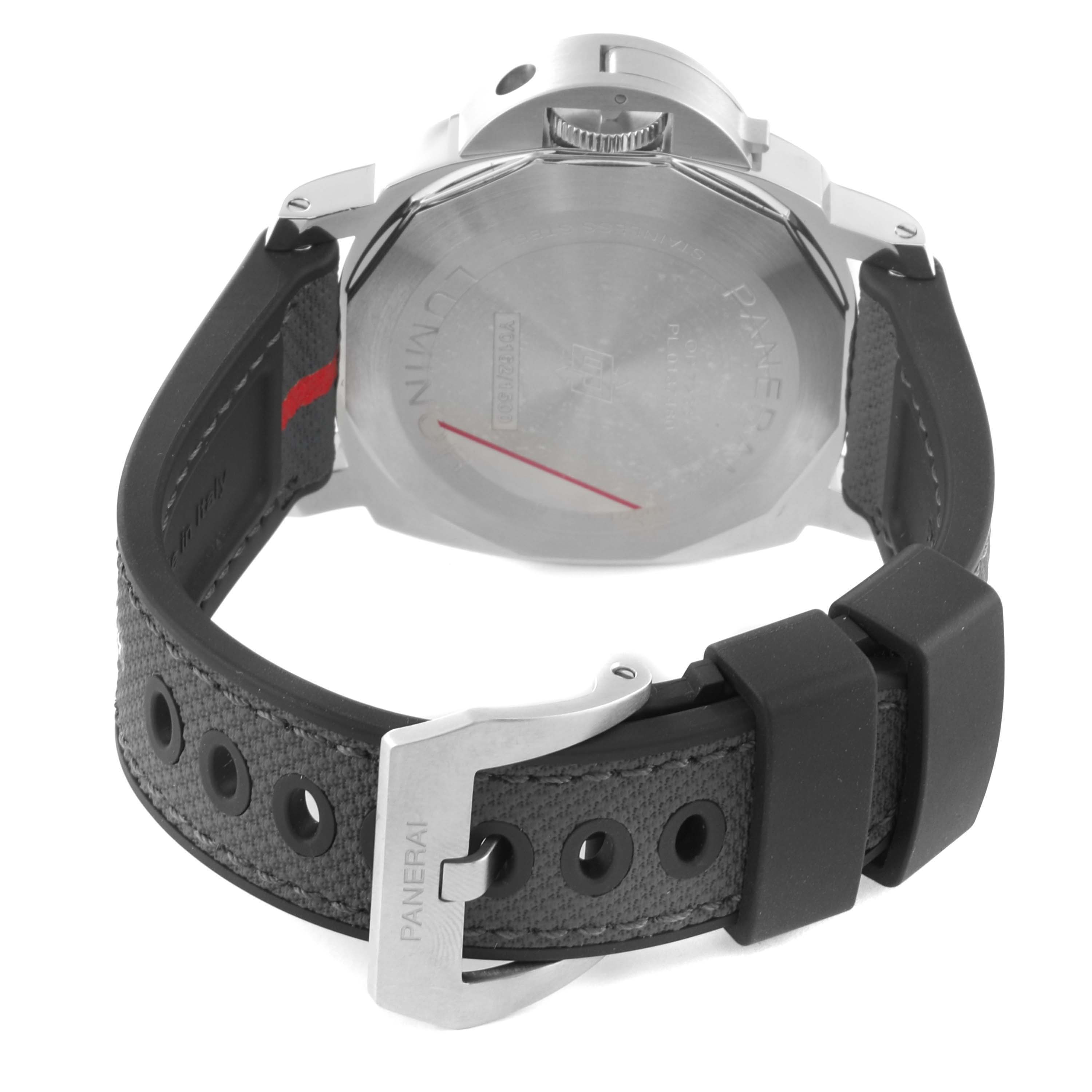 The image shows the back view of a Panerai Luminor PAM01342 Men
s Stainless Steel White Dial PAM01342 Men
s Stainless Steel White Dial watch, highlighting its case back, crown, and strap with buckle.