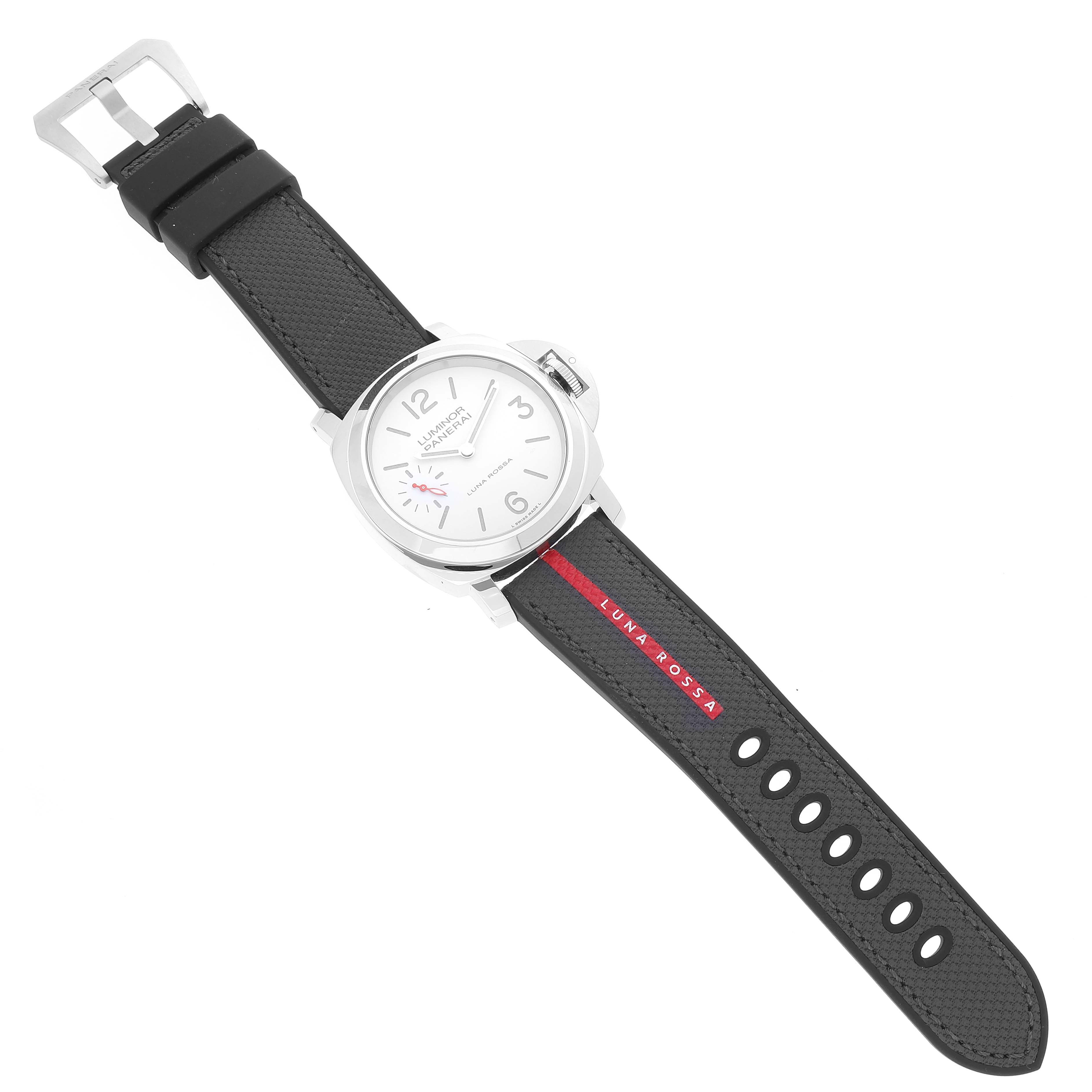 The image shows a Panerai Luminor PAM01342 Men
s Stainless Steel White Dial PAM01342 Men
s Stainless Steel White Dial watch from a top view, highlighting the face and black strap with "Luna Rossa" text.