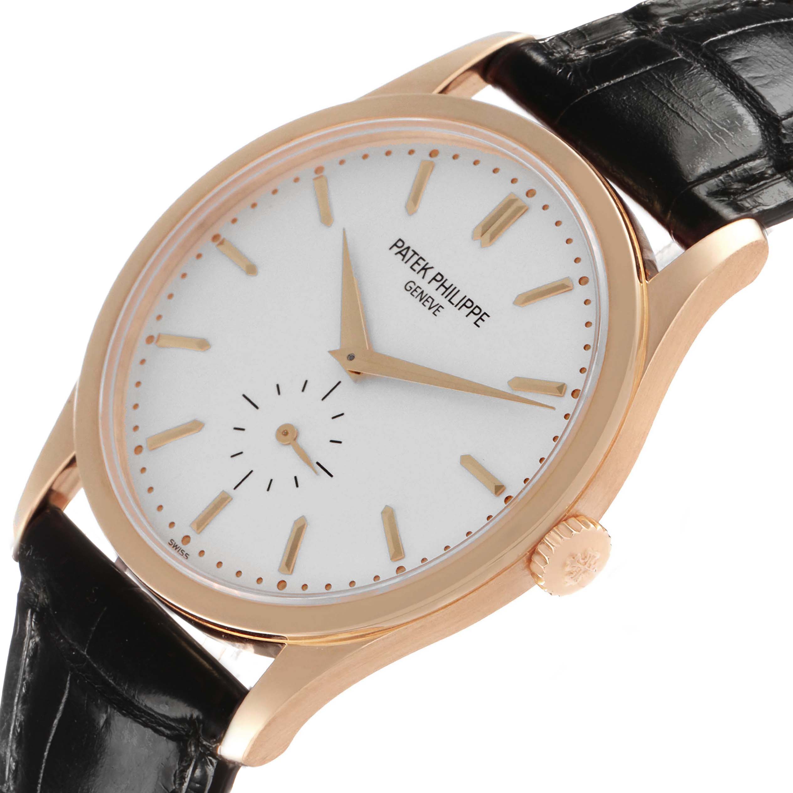 The Patek Philippe Calatrava 5196R Men's Rose Gold Grey Dial watch is shown at a slight angle, revealing the dial, bezel, lugs, crown, and leather strap.