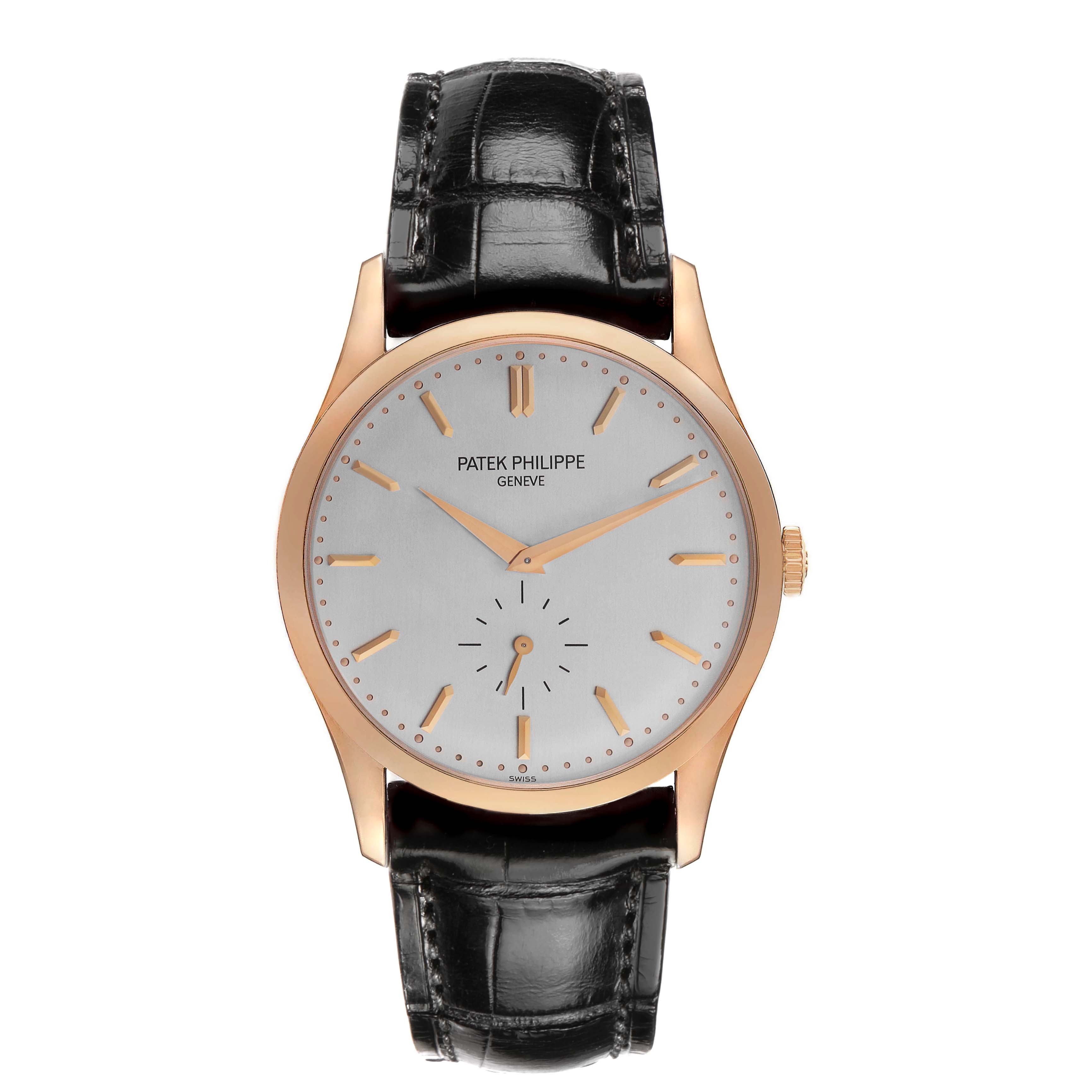 The Patek Philippe Calatrava 5196R Men's Rose Gold Grey Dial watch is shown from the front, displaying its dial, hands, markers, and black leather strap.