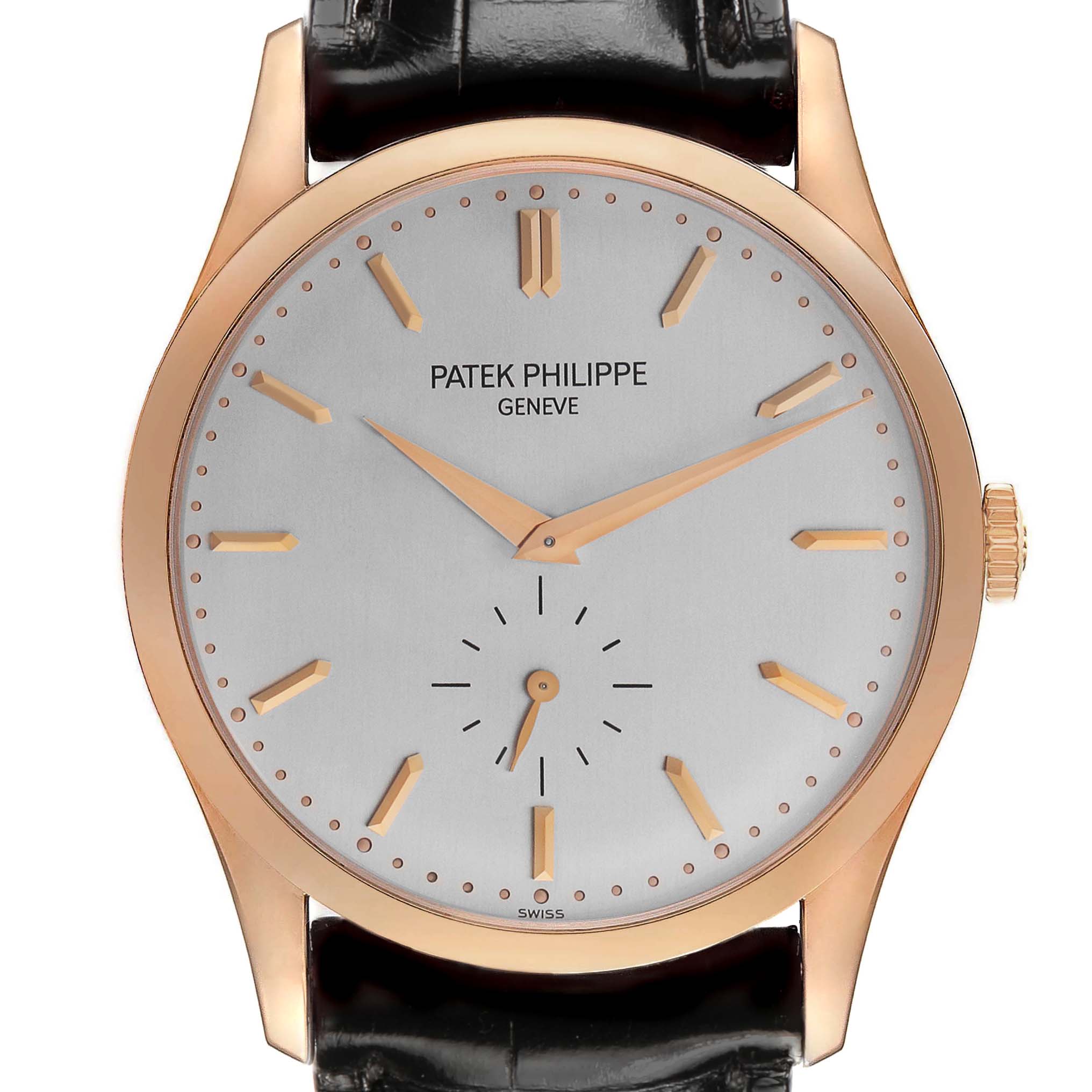 The Patek Philippe Calatrava 5196R Men's Rose Gold Grey Dial watch is shown from a front angle, displaying its dial, hands, and indices.