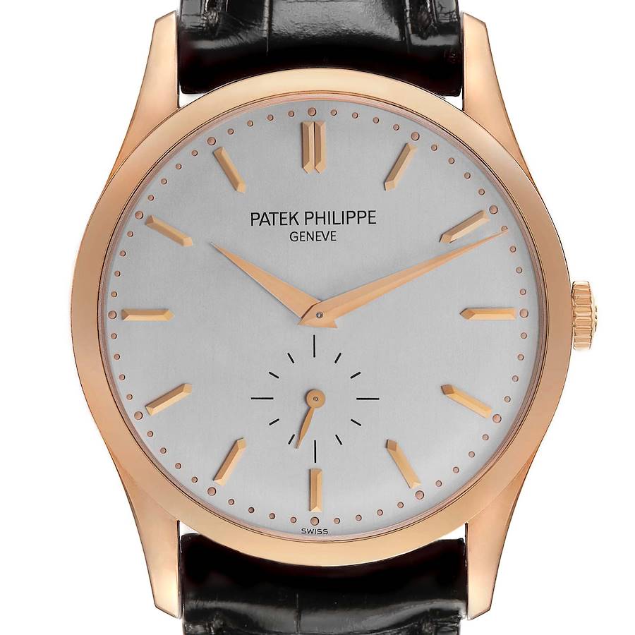 The Patek Philippe Calatrava 5196R Men's Rose Gold Grey Dial watch is shown from a front angle, displaying its dial, hands, and indices.