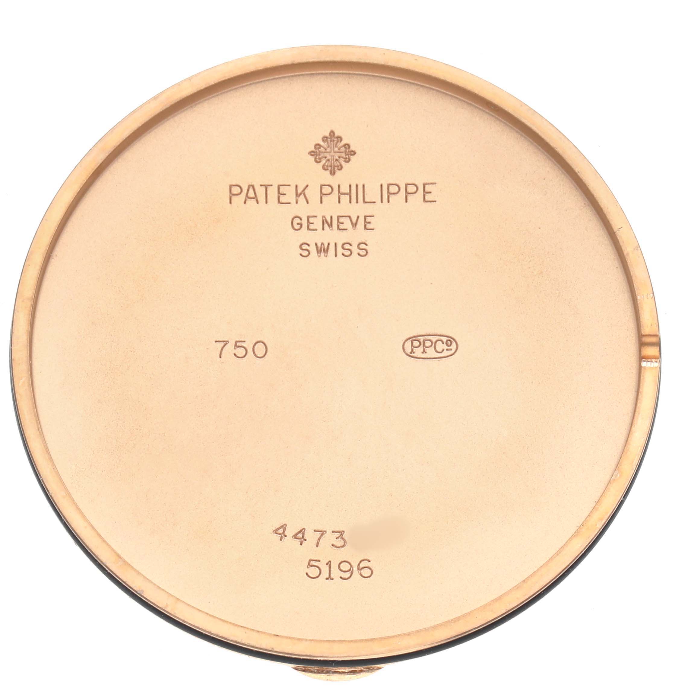 The image shows the case back interior of a Patek Philippe Calatrava 5196R Men's Rose Gold Grey Dial watch.