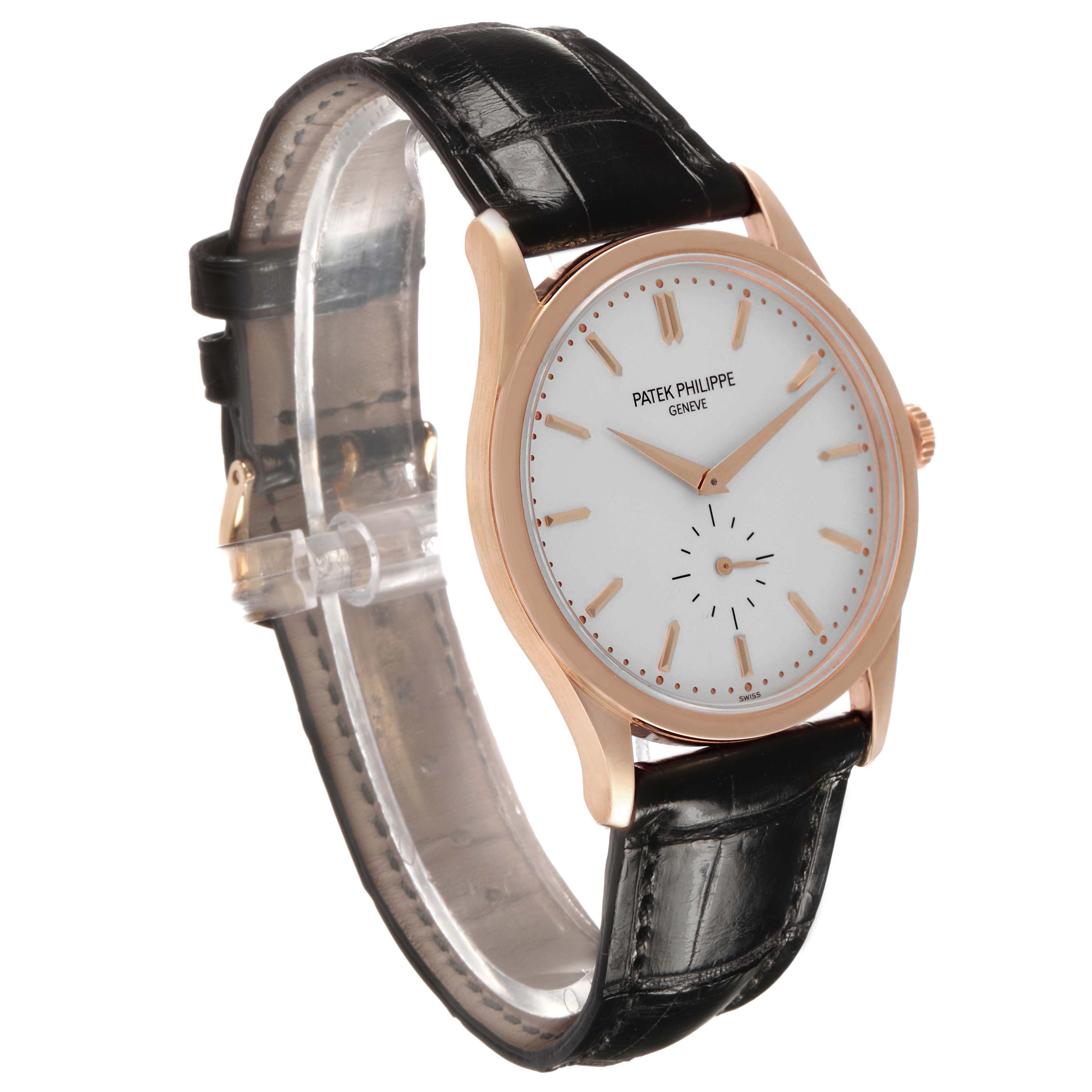 The Patek Philippe Calatrava 5196R Men's Rose Gold Grey Dial watch is shown at a three-quarter angle, highlighting the case, dial, crown, and black leather strap.