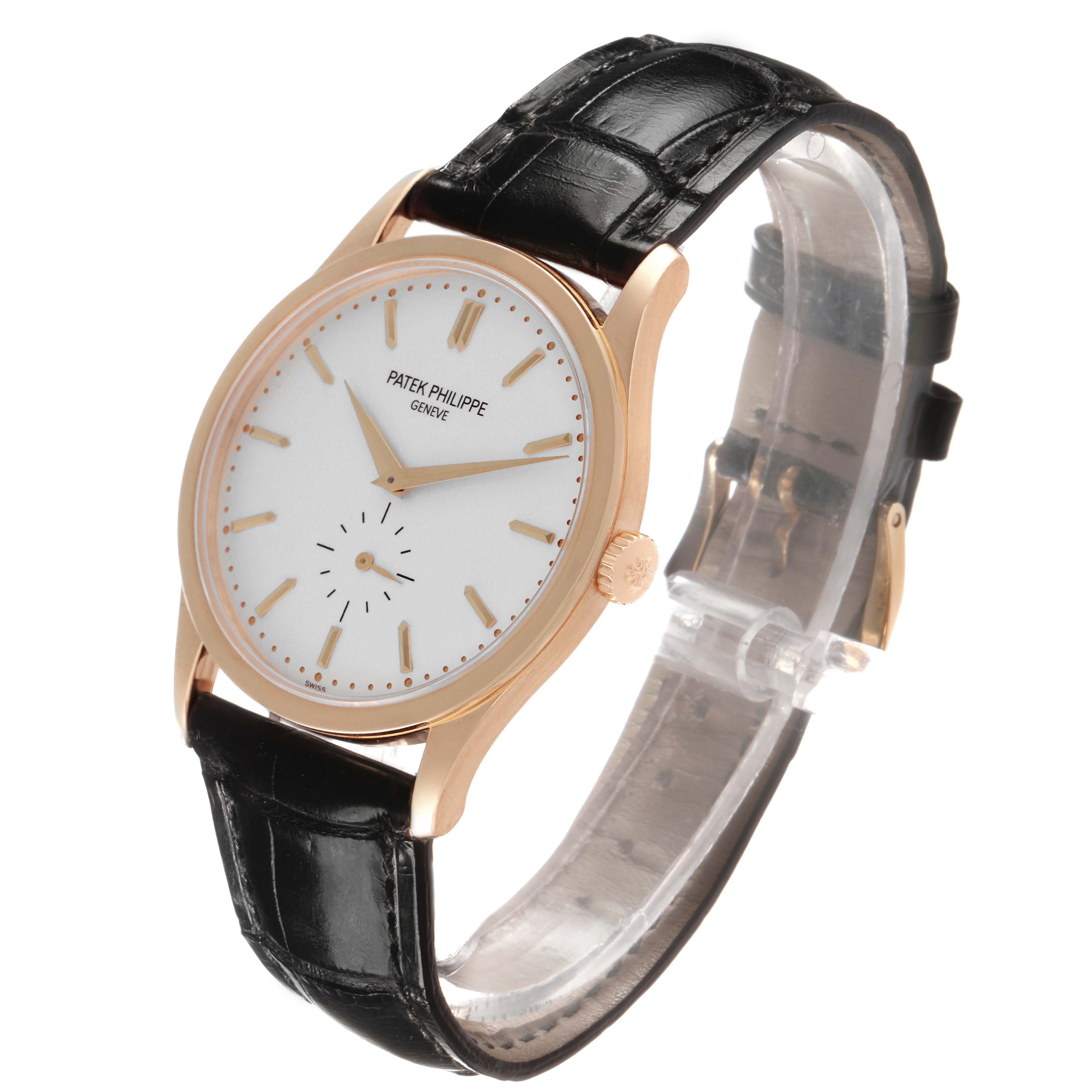 The Patek Philippe Calatrava 5196R Men's Rose Gold Grey Dial watch is shown at a three-quarter angle, displaying its face, case, and leather strap.