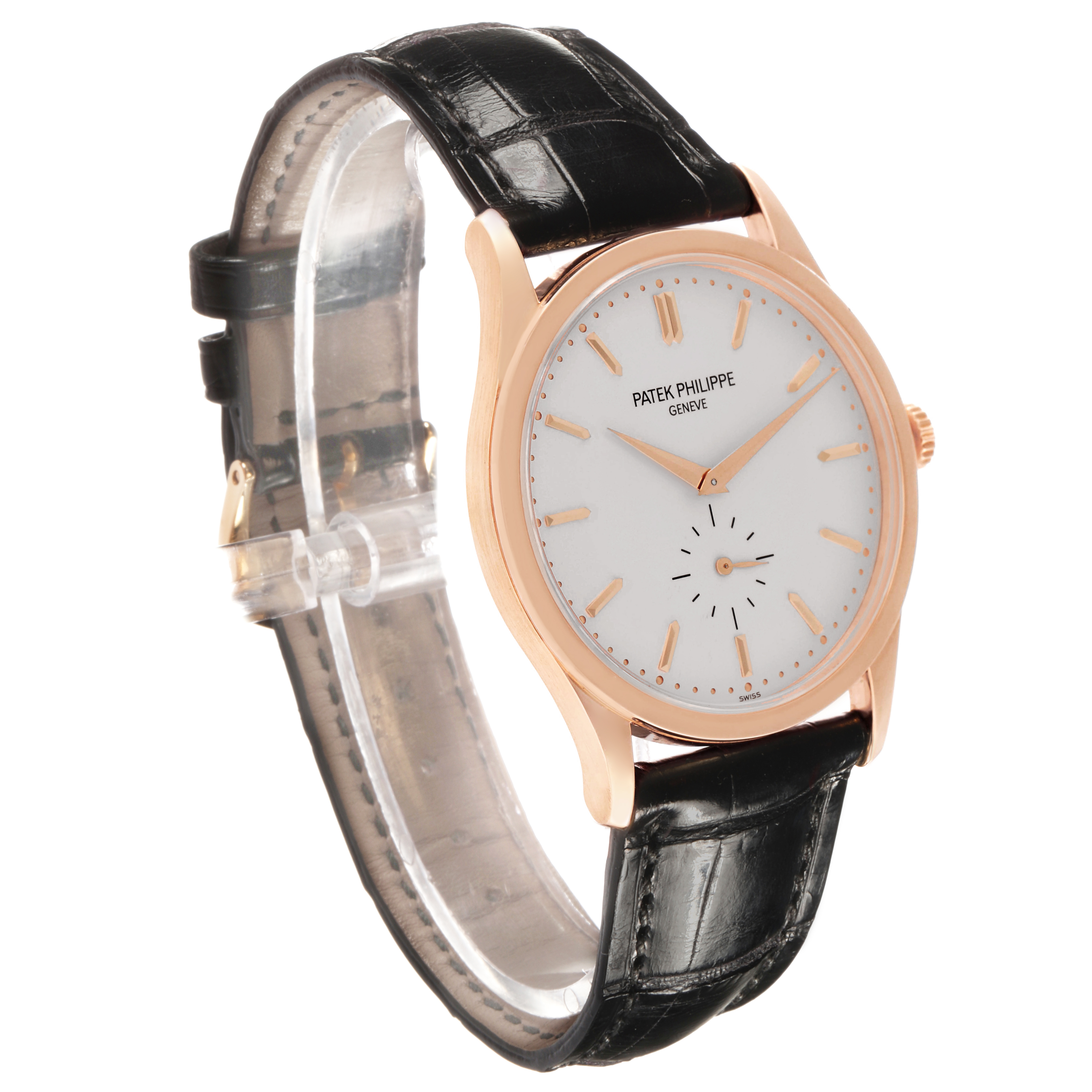 The Patek Philippe Calatrava 5196R Men's Rose Gold Silver Dial watch is shown at a slight angle, displaying the face, case, and strap.