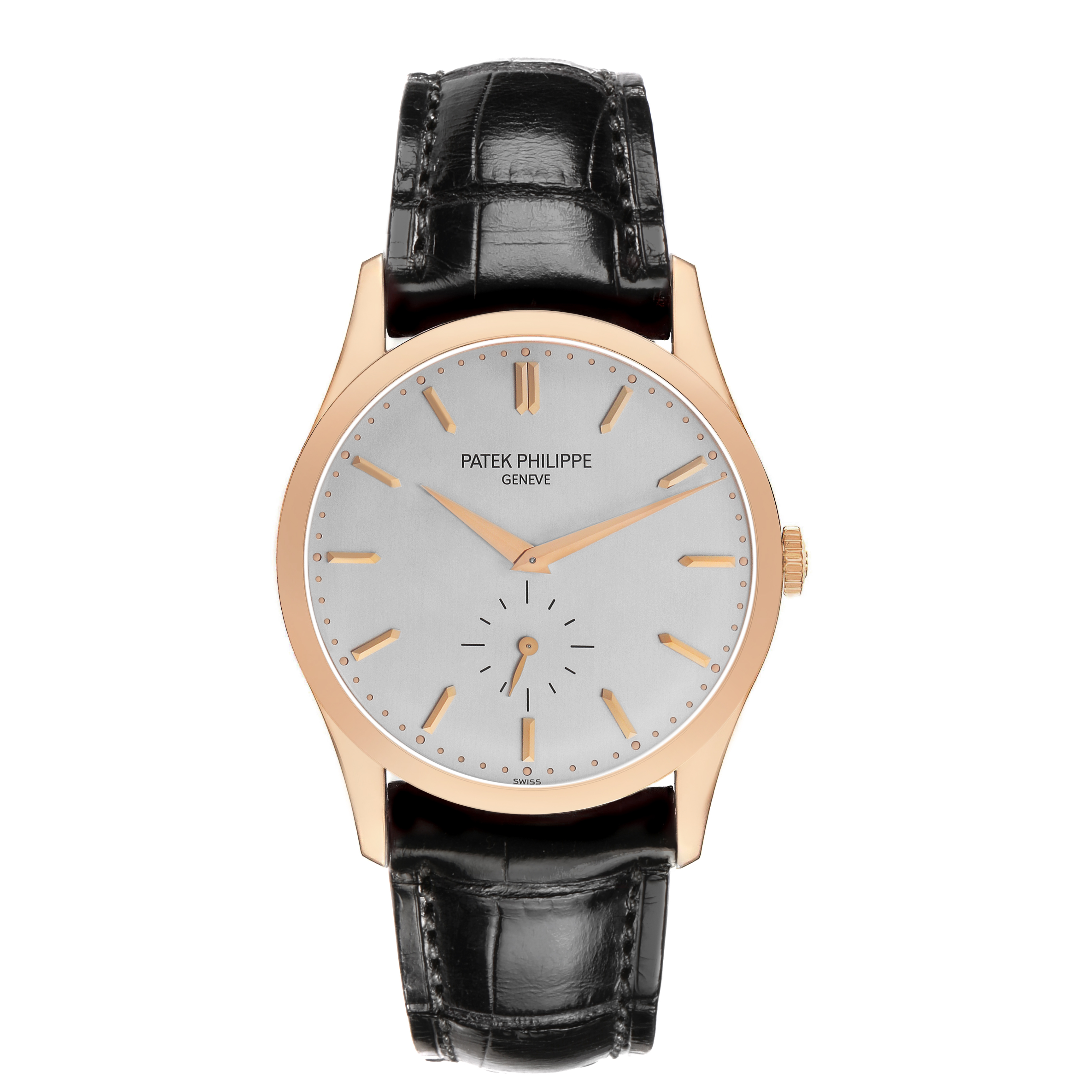 The Patek Philippe Calatrava 5196R Men's Rose Gold Silver Dial watch is shown from a front angle, displaying the face, hands, and full strap.