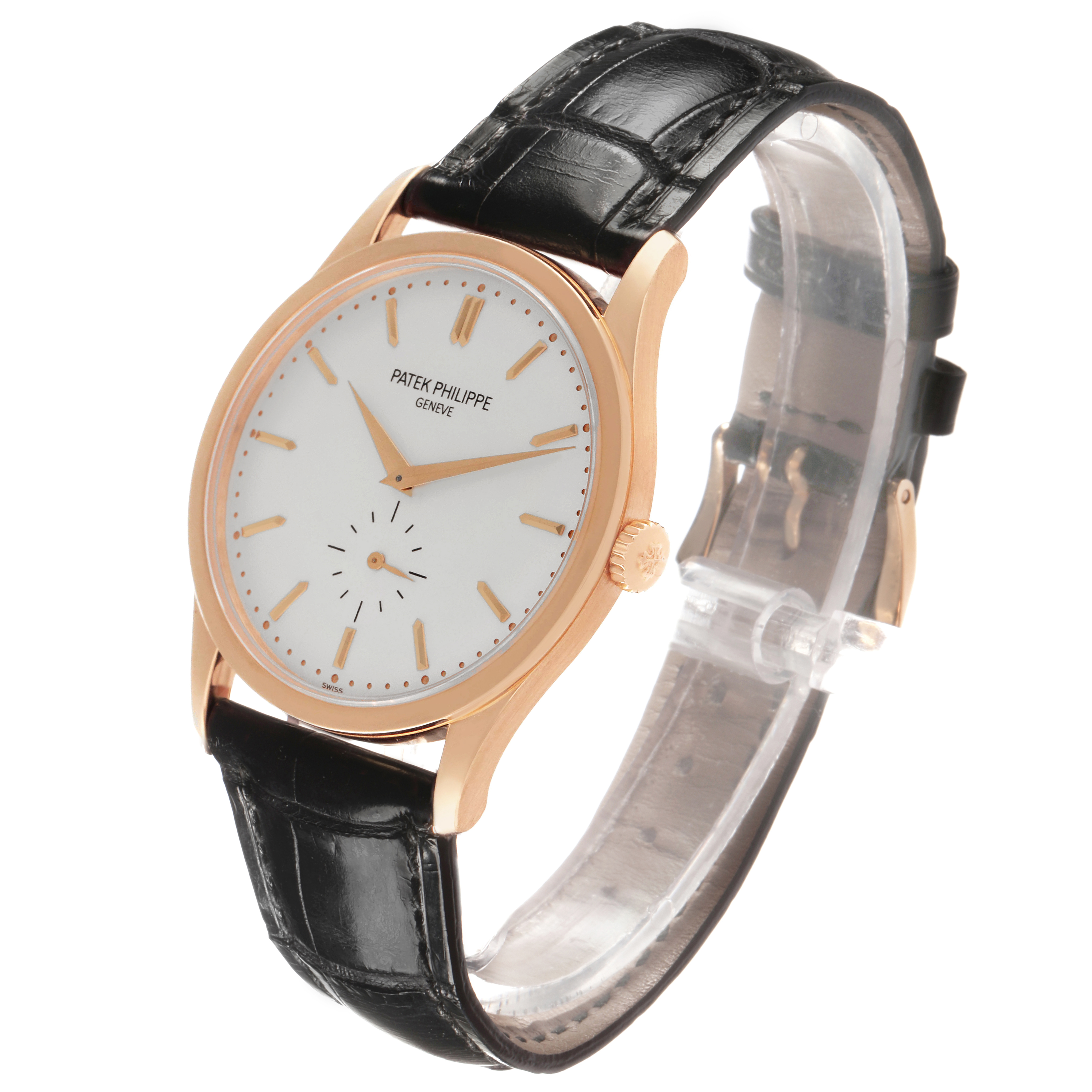 The Patek Philippe Calatrava 5196R Men's Rose Gold Silver Dial watch is shown at an oblique angle, highlighting its face, hands, and leather strap.