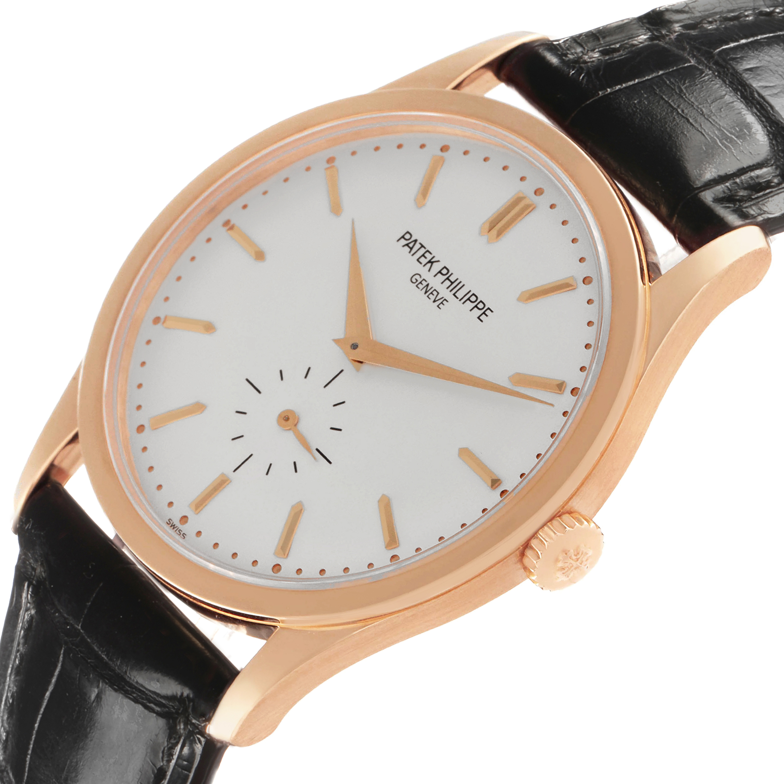The image shows a Patek Philippe Calatrava 5196R Men's Rose Gold Silver Dial watch at a slight angle, highlighting the gold case, white dial, and black leather strap.