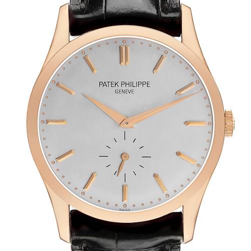 The image shows a frontal view of the Patek Philippe Calatrava 5196R Men's Rose Gold Silver Dial watch, highlighting the dial, hands, markers, and part of the strap.