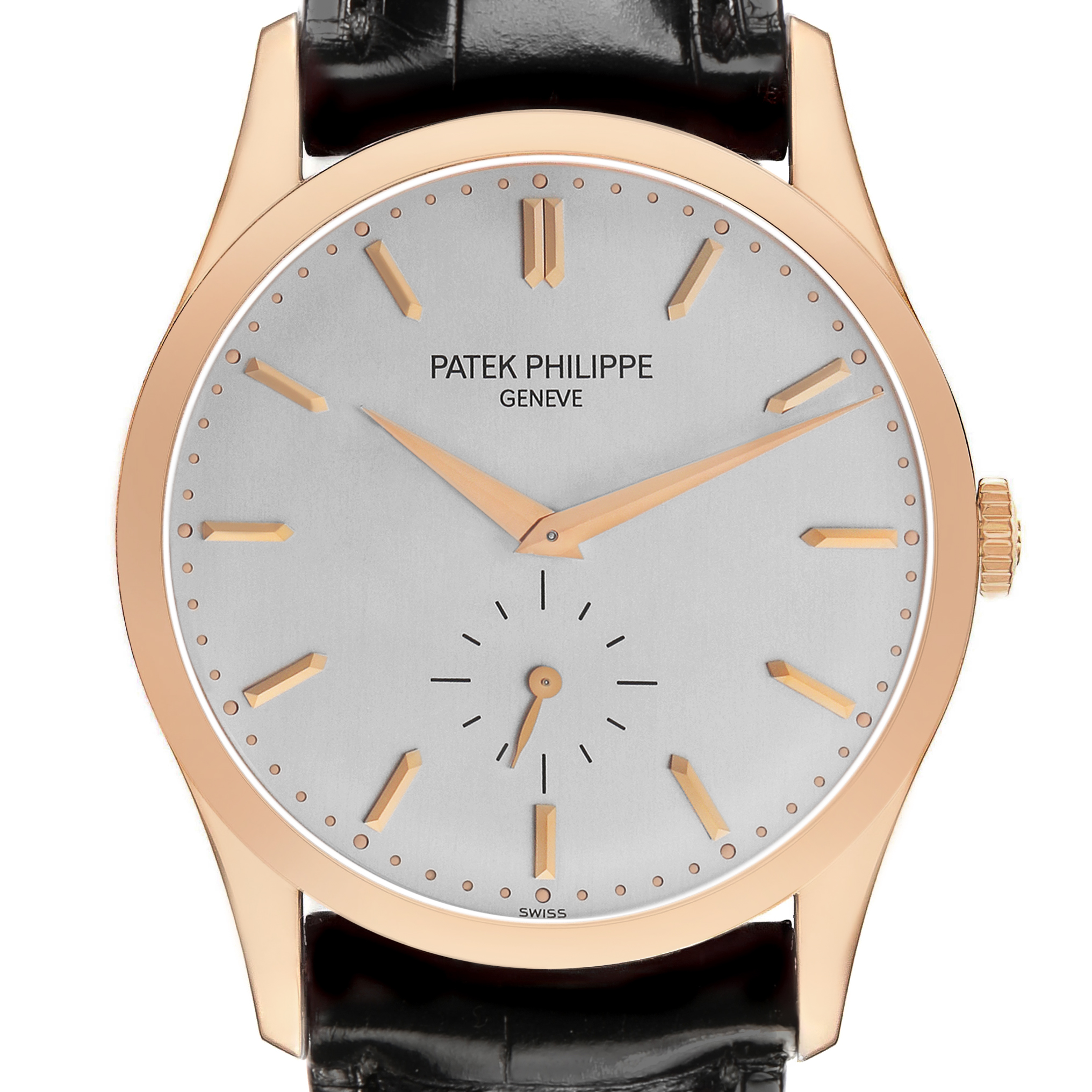 The Patek Philippe Calatrava 5196R Men's Rose Gold Silver Dial watch is shown from a front angle, highlighting the dial, hands, case, and crown.