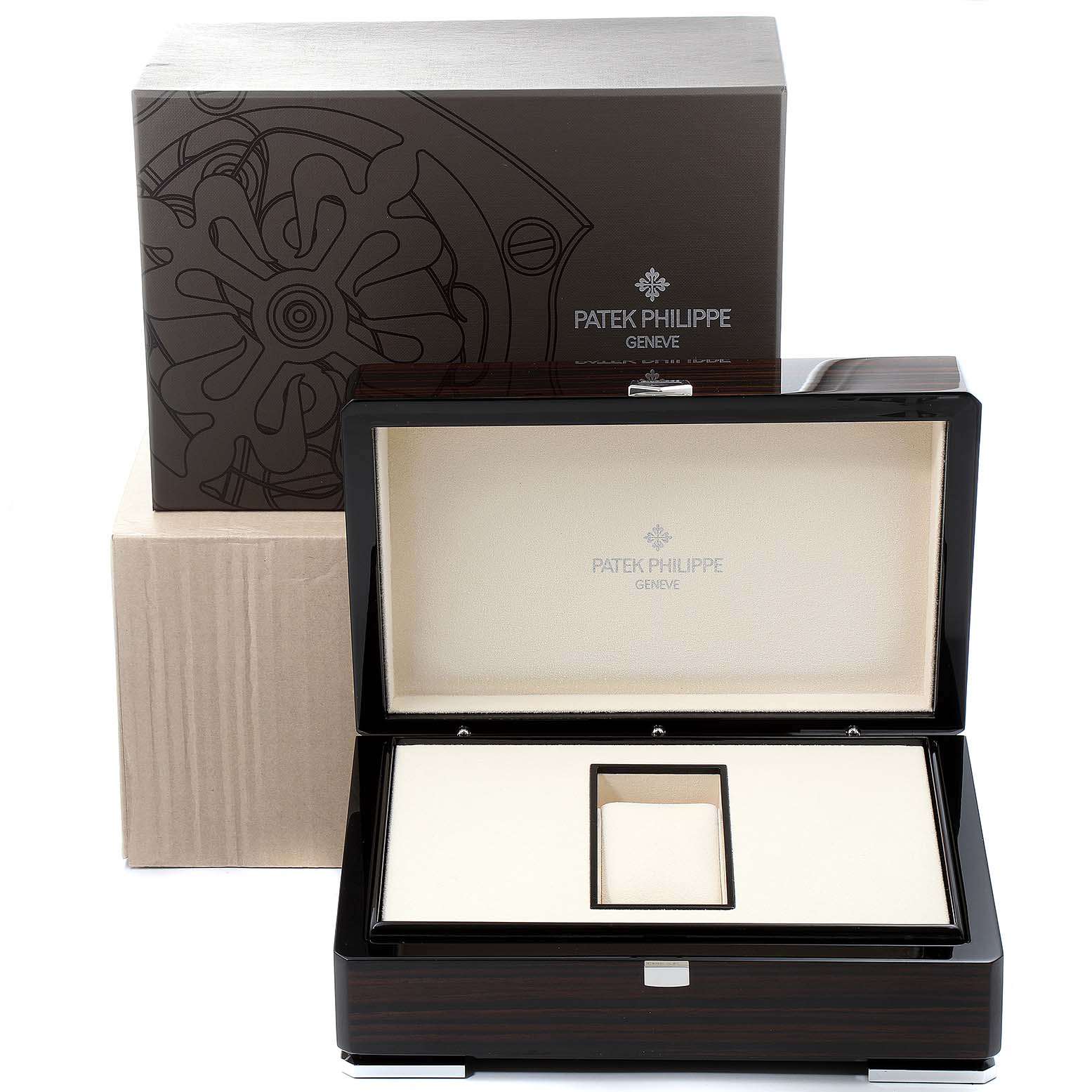 This image shows the open presentation box and outer packaging for the Patek Philippe Nautilus 7010R Women's Rose Gold Silver Dial 7010R Women's Rose Gold Silver Dial watch.