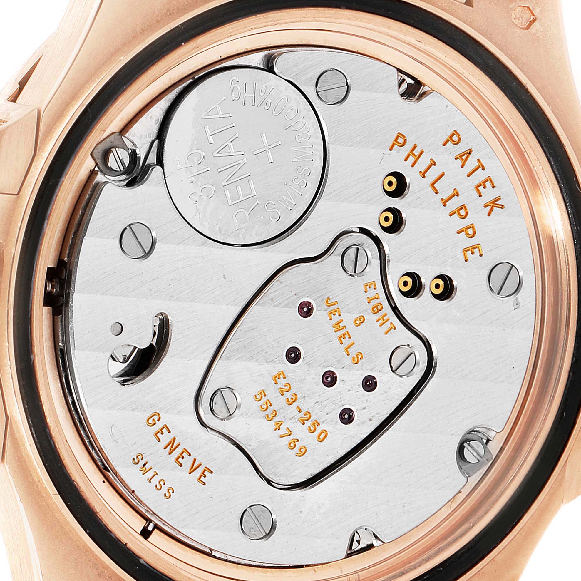 This image shows the movement and inner mechanism of the Patek Philippe Nautilus 7010R Women's Rose Gold Silver Dial 7010R Women's Rose Gold Silver Dial watch, viewed from the back.