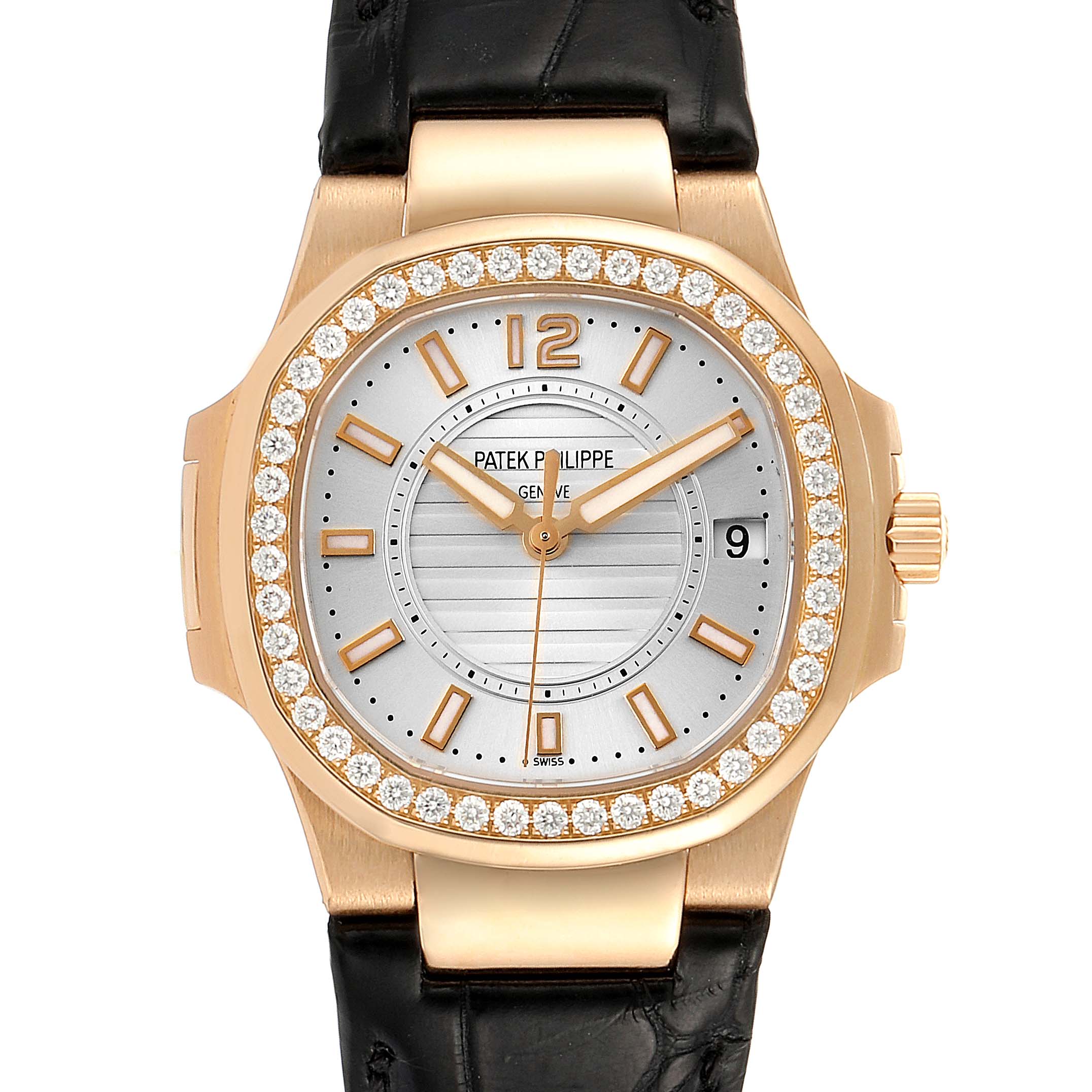 The image shows a front view of a Patek Philippe Nautilus 7010R Women's Rose Gold Silver Dial 7010R Women's Rose Gold Silver Dial watch, featuring a diamond-set bezel and a black leather strap.