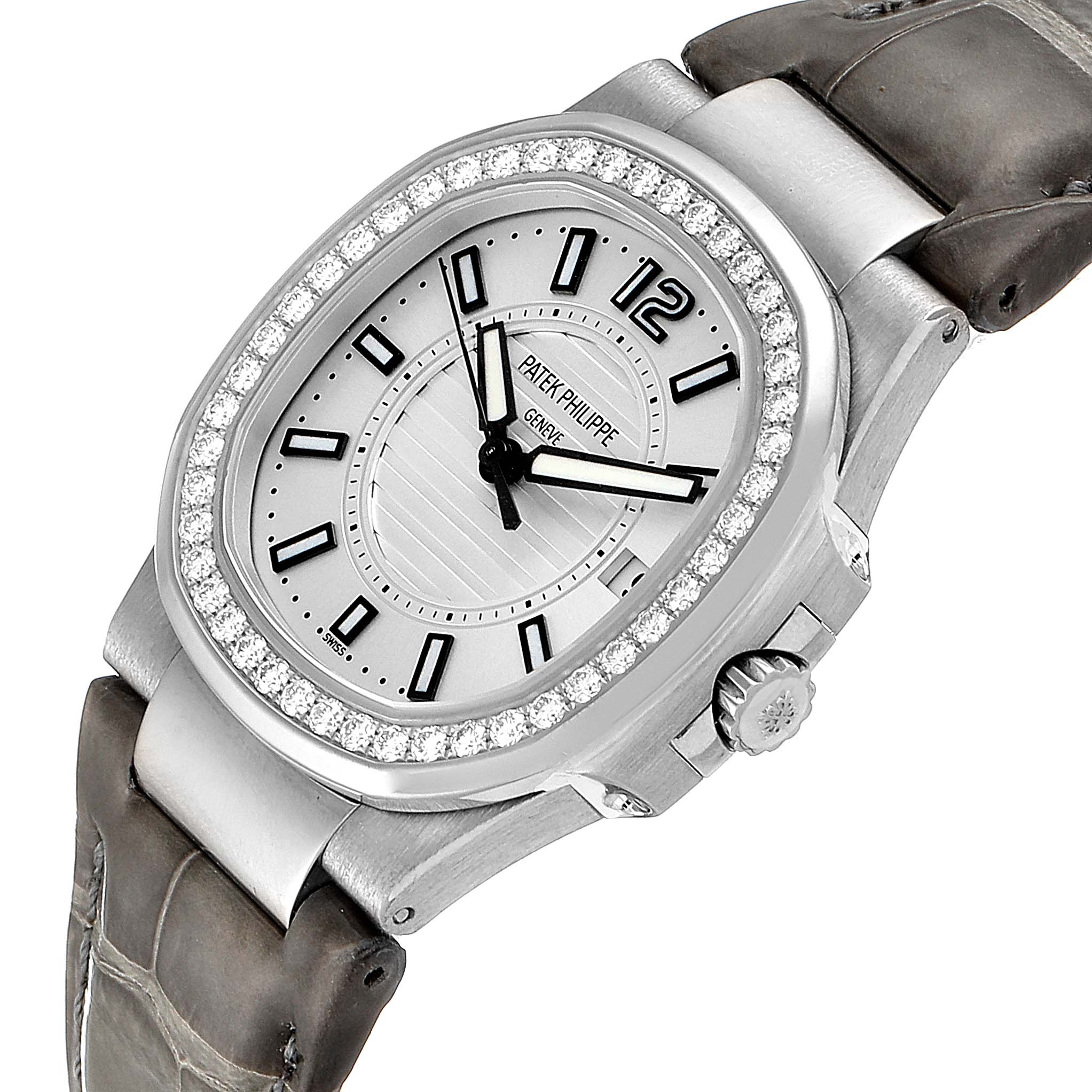 The image shows a close-up angle of the face and part of the strap of a Patek Philippe Nautilus 7010G Women's Yellow Gold Silver Dial 7010G Women's Yellow Gold Silver Dial watch.