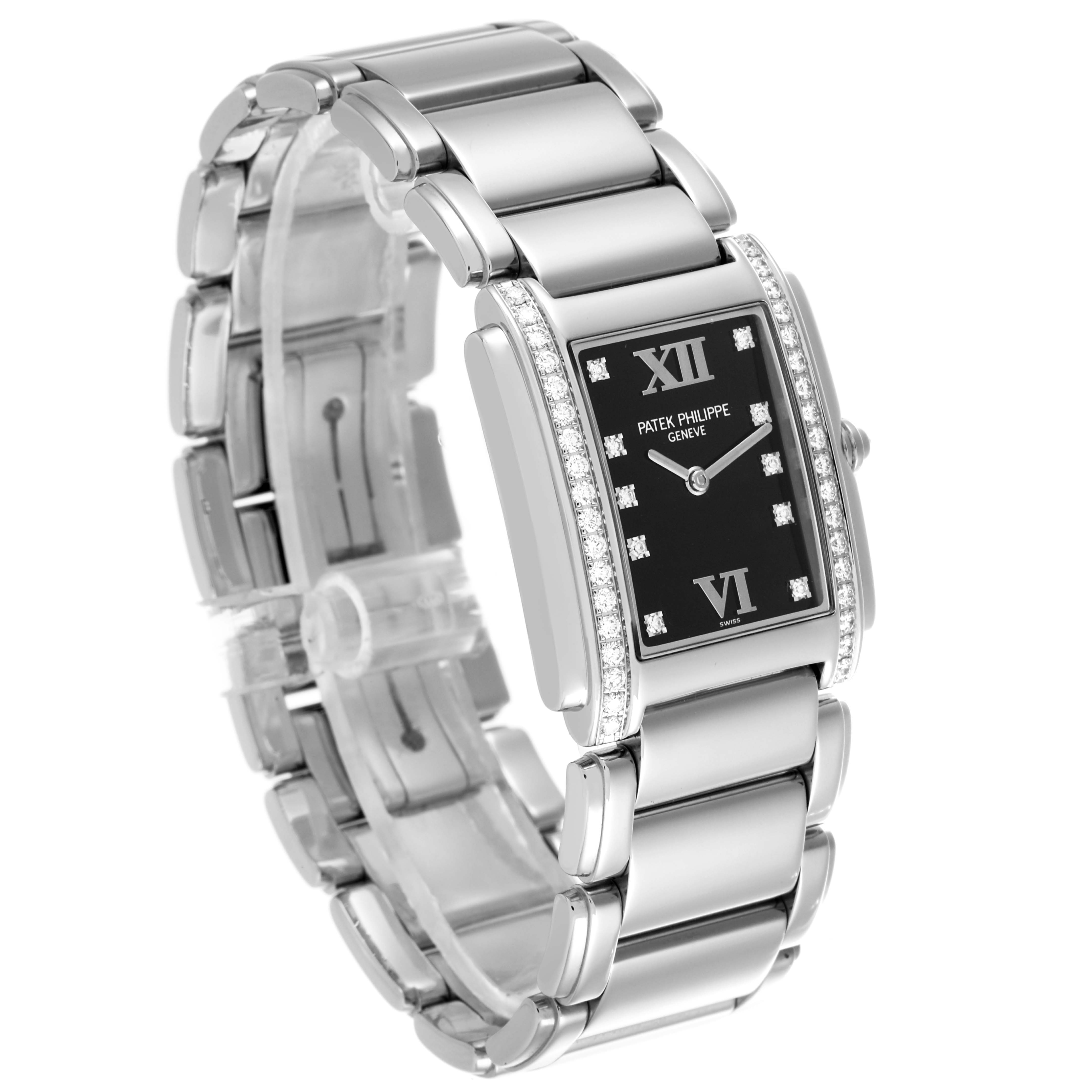 The Patek Philippe Twenty-4 4910/10 Women's White Gold Blue Dial 4910/10 Women's White Gold Blue Dial watch is shown at a three-quarter angle, highlighting the face, bezel, and bracelet.