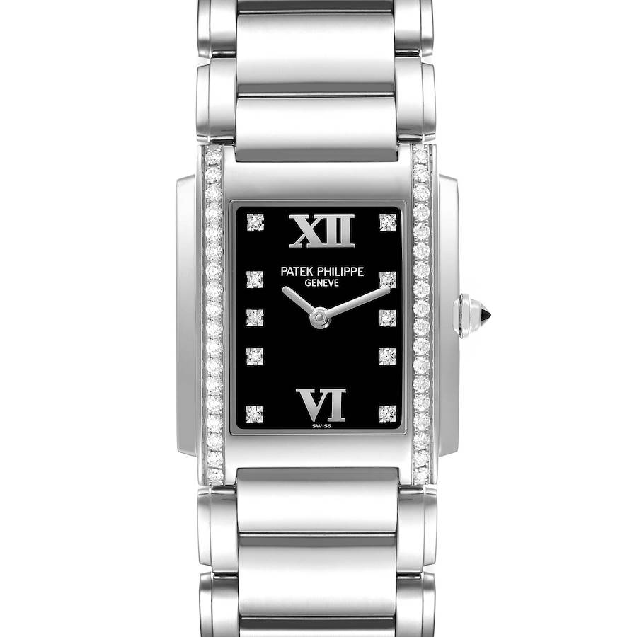 The image shows the front view of the Patek Philippe Twenty-4 watch, displaying its bracelet, face, and diamond accents.