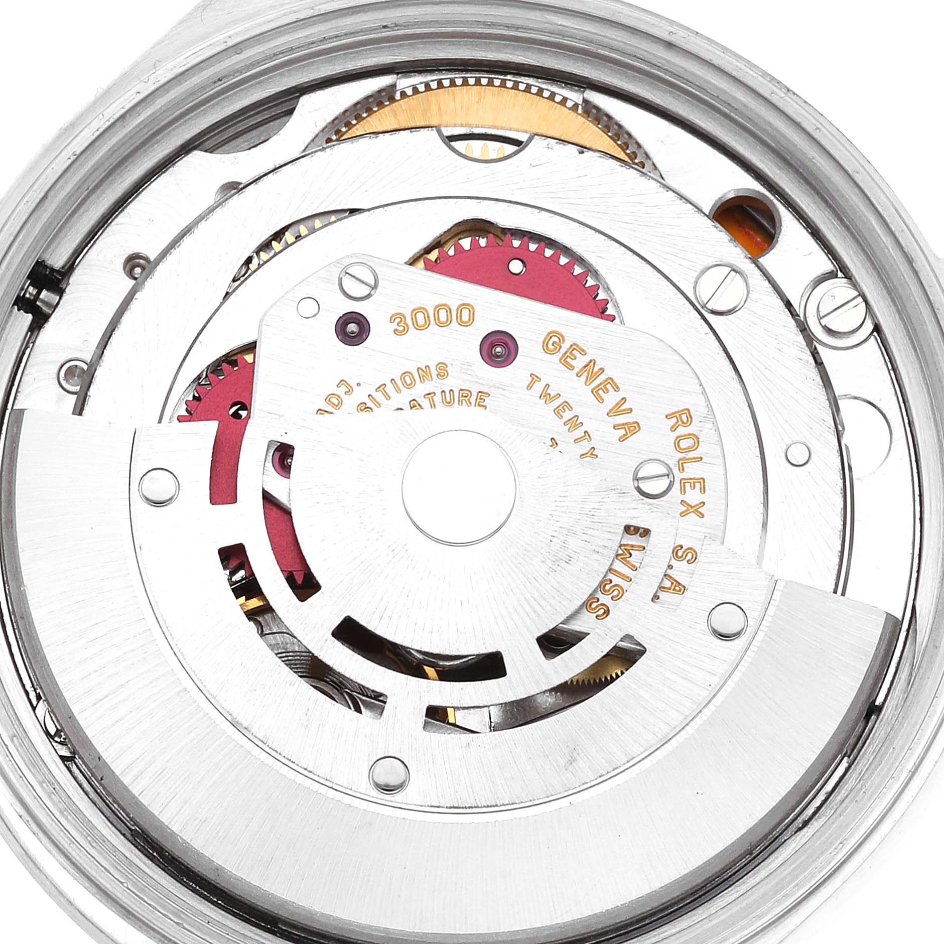 This image shows the intricate inner mechanism of a Rolex Air-King 14000 Men's Stainless Steel Blue Dial 14000 Men's Stainless Steel Blue Dial watch, specifically the movement and gears.