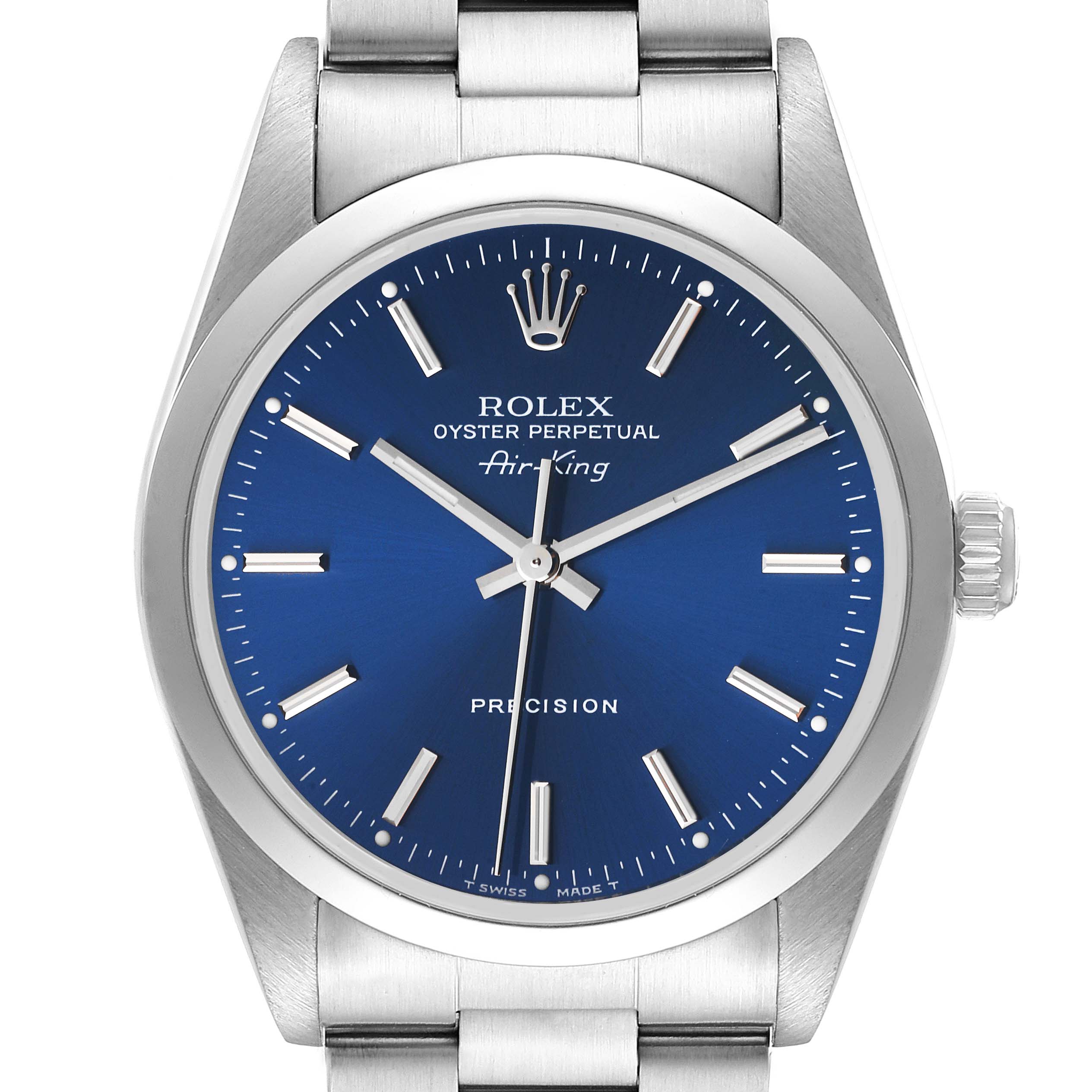 This image shows a front view of the Rolex Air-King 14000 Men's Stainless Steel Blue Dial 14000 Men's Stainless Steel Blue Dial watch, highlighting the blue dial, crown, and stainless steel bracelet.