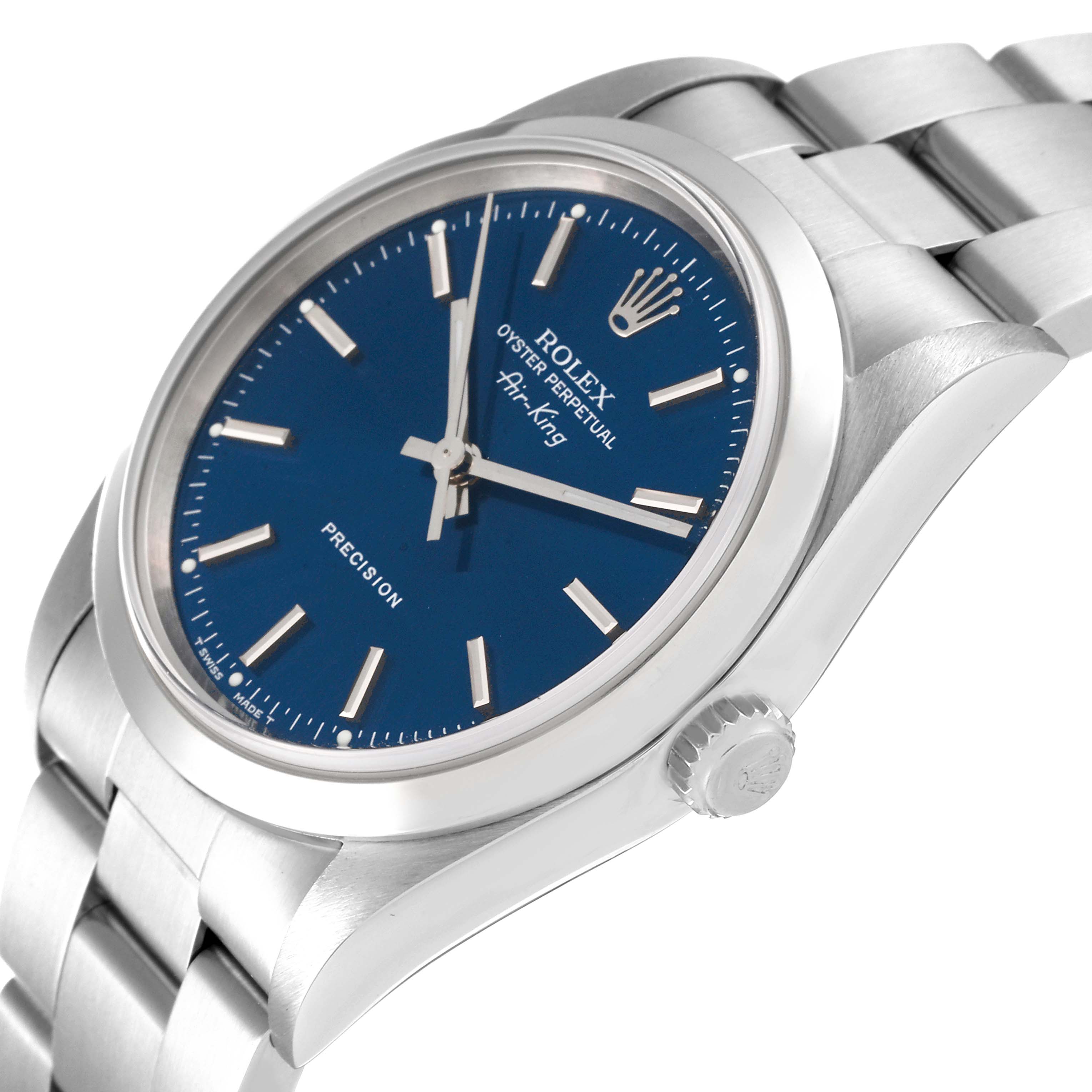 This image shows a Rolex Air-King 14000 Men's Stainless Steel Blue Dial 14000 Men's Stainless Steel Blue Dial watch at an angle, highlighting the blue dial, stainless steel case, and bracelet.