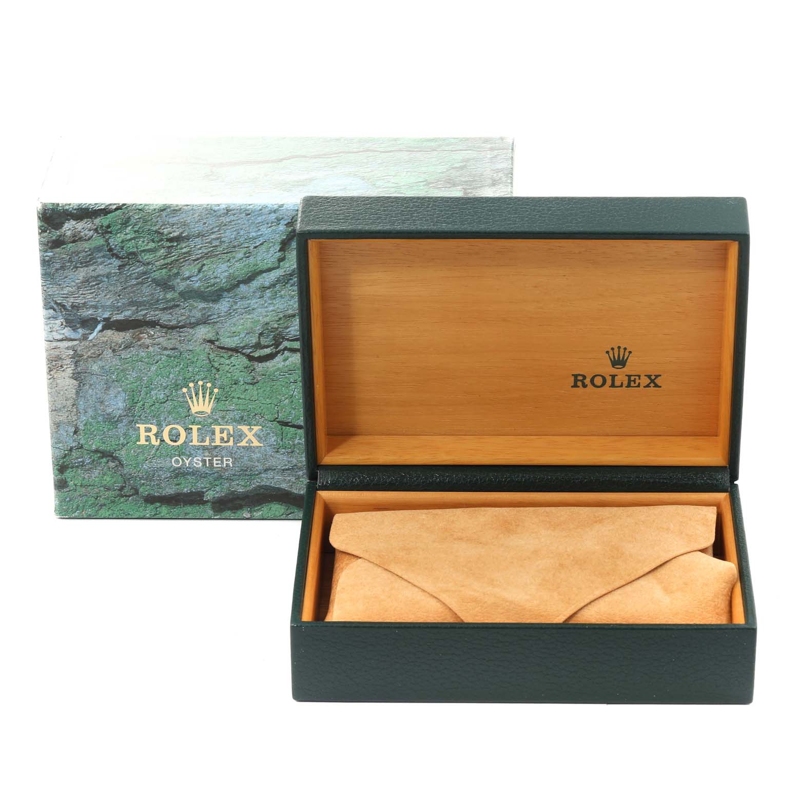 The image shows an open Rolex Air-King 14000 Men's Stainless Steel Blue Dial 14000 Men's Stainless Steel Blue Dial watch box and a green outer box with "Rolex" branding and suede watch cover.