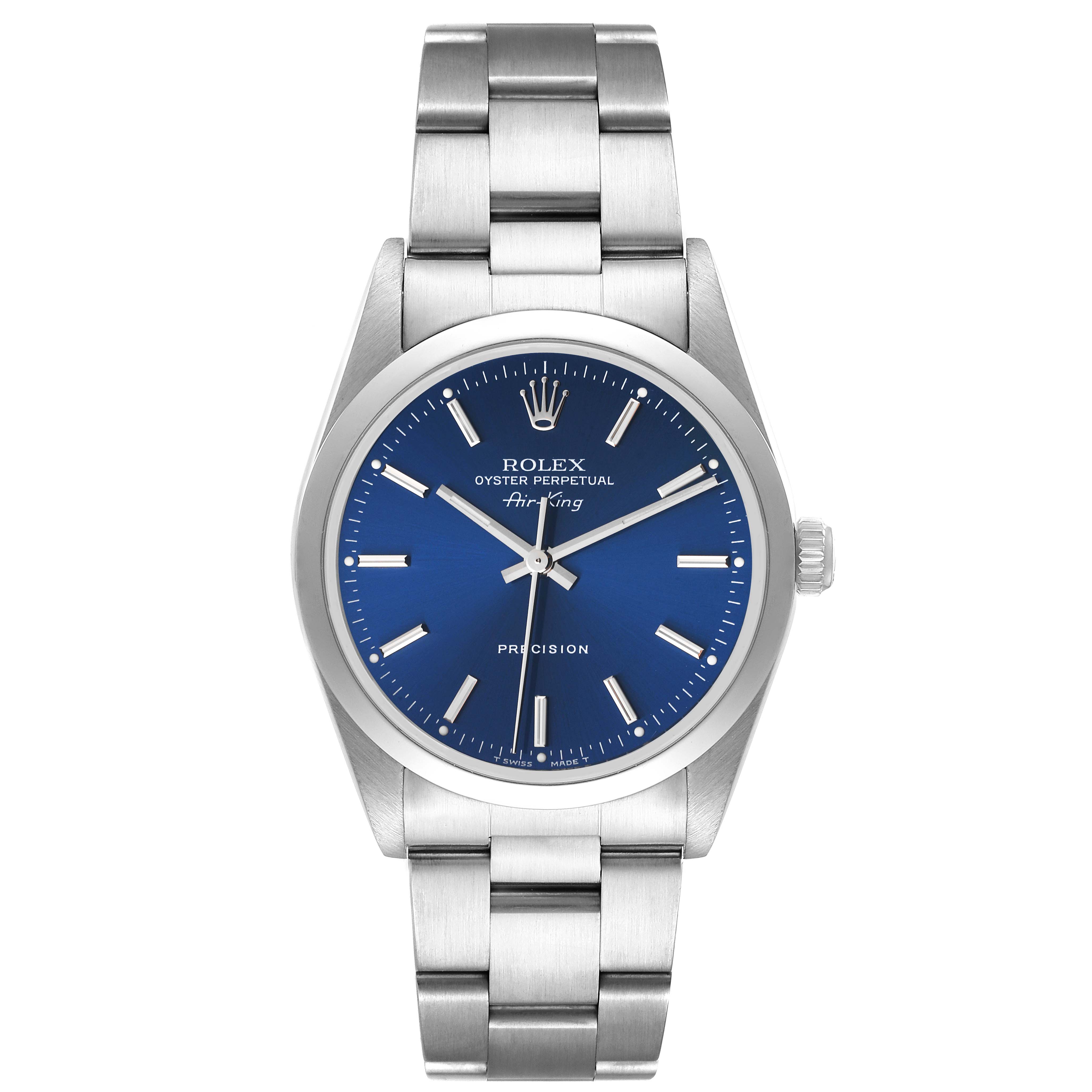 This image shows a front view of a Rolex Air-King 14000 Men's Stainless Steel Blue Dial 14000 Men's Stainless Steel Blue Dial watch, displaying the dial, hands, bracelet, and crown.