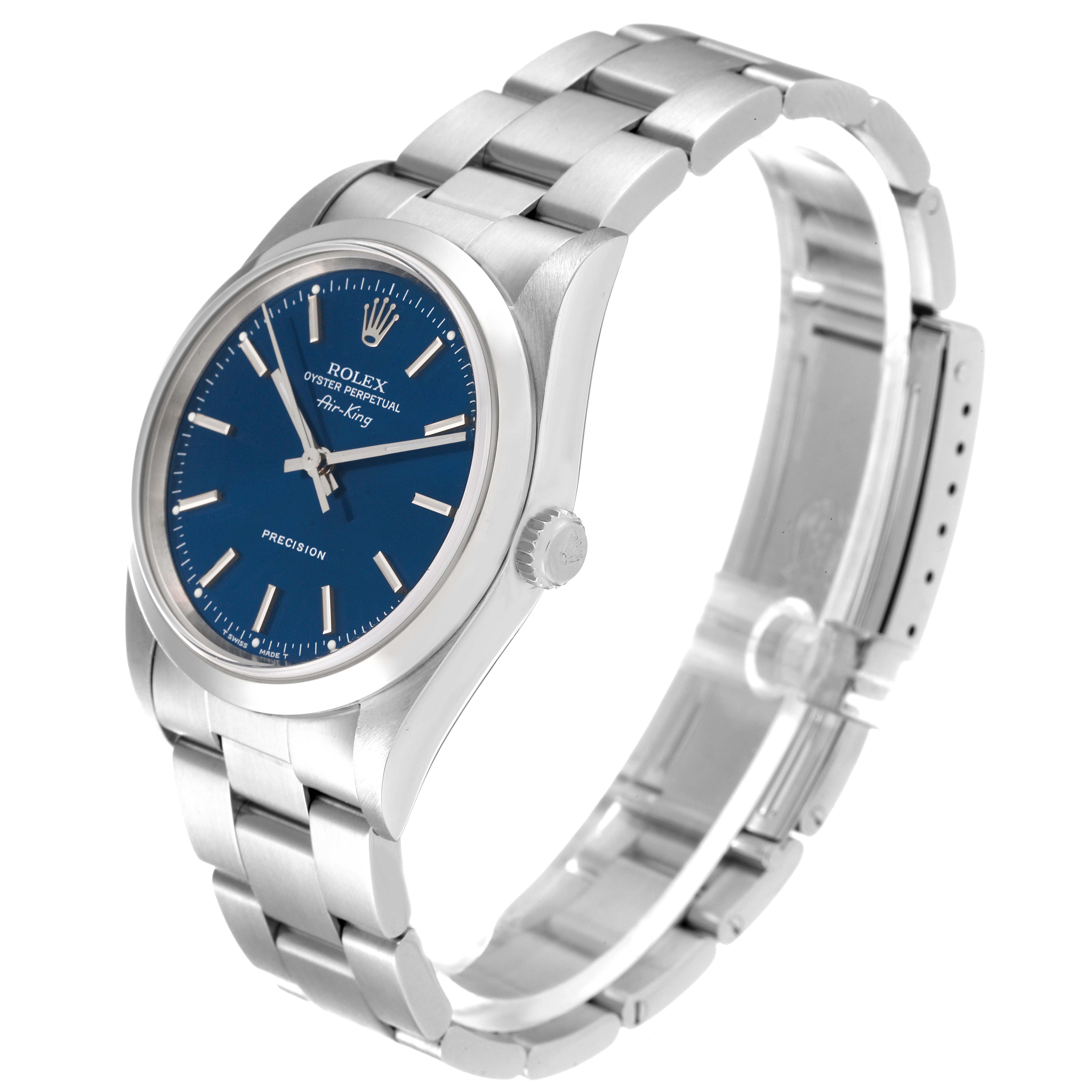The image shows a Rolex Air-King 14000 Men's Stainless Steel Blue Dial 14000 Men's Stainless Steel Blue Dial watch at a slight angle, displaying the blue dial, crown, and stainless steel bracelet.