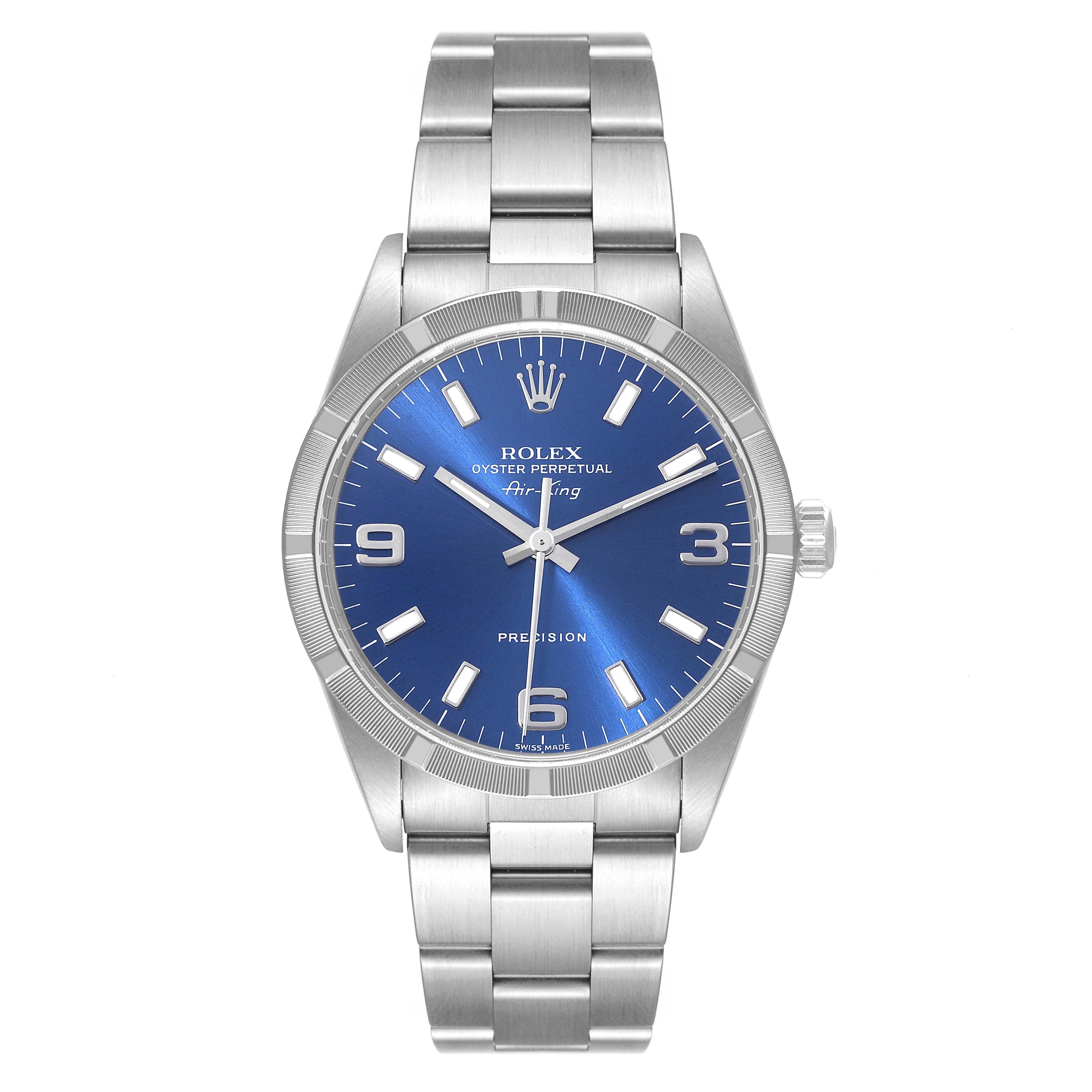 This image shows a frontal view of the Rolex Air-King 14010 Men's Stainless Steel Blue Dial 14010 Men's Stainless Steel Blue Dial watch, highlighting the blue dial, stainless steel case, and bracelet.