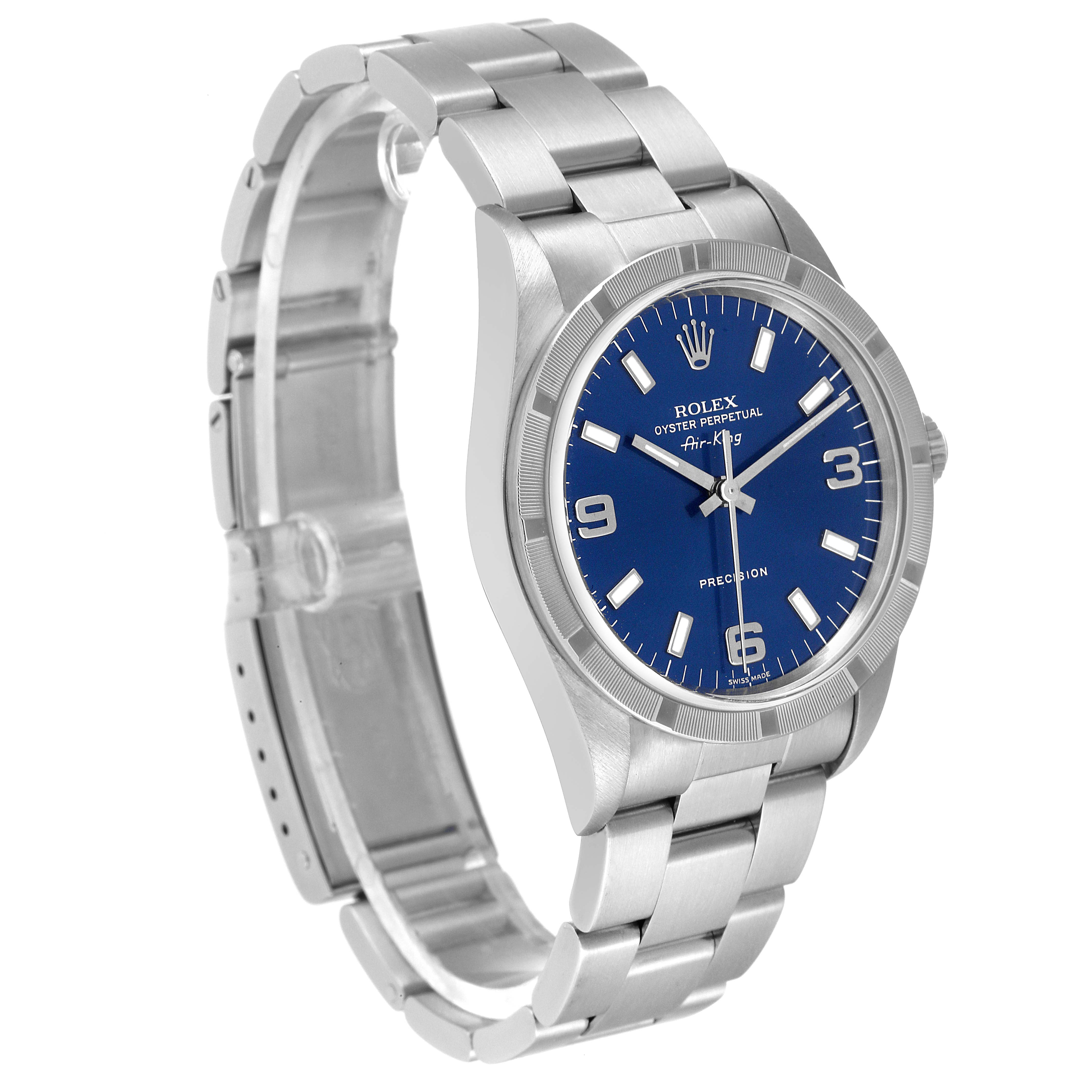 This image shows a Rolex Air-King 14010 Men's Stainless Steel Blue Dial 14010 Men's Stainless Steel Blue Dial watch angled to display its face, case, and part of the bracelet.
