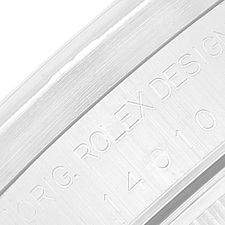 This image shows a close-up of the engraved text on the case side of the Rolex Air-King 14010 Men's Stainless Steel Blue Dial 14010 Men's Stainless Steel Blue Dial watch.