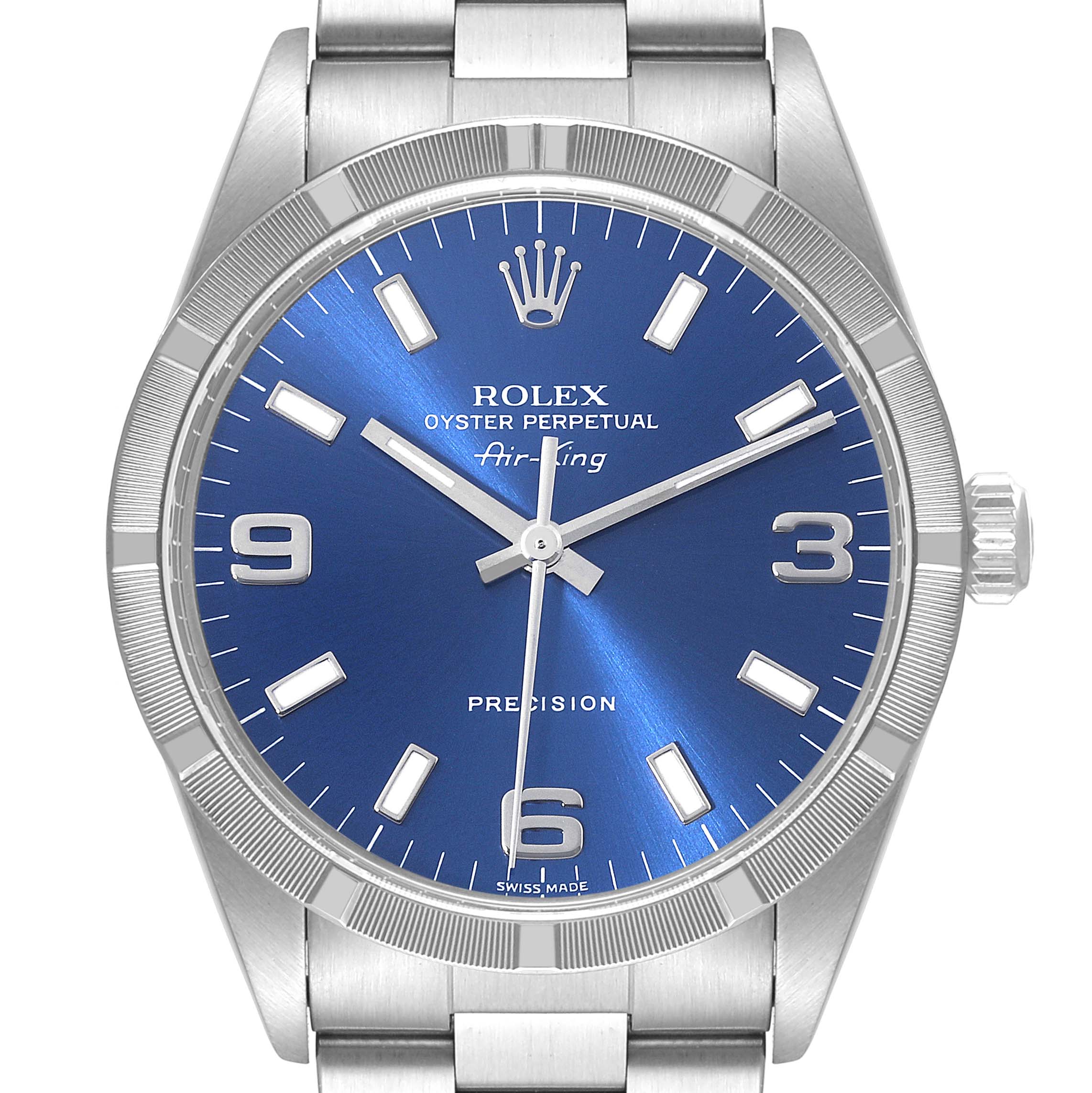 The image shows a front view of the Rolex Air-King 14010 Men's Stainless Steel Blue Dial 14010 Men's Stainless Steel Blue Dial watch, highlighting its blue dial, hour markers, hands, and metal bracelet.