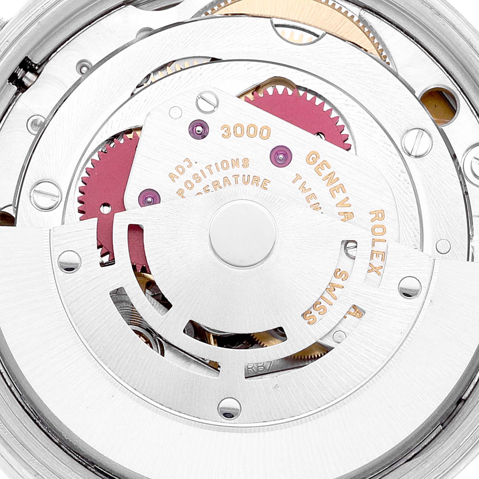 This image shows a close-up view of the inner mechanical movement and components of the Rolex Air-King 14010 Men's Stainless Steel Blue Dial 14010 Men's Stainless Steel Blue Dial watch.