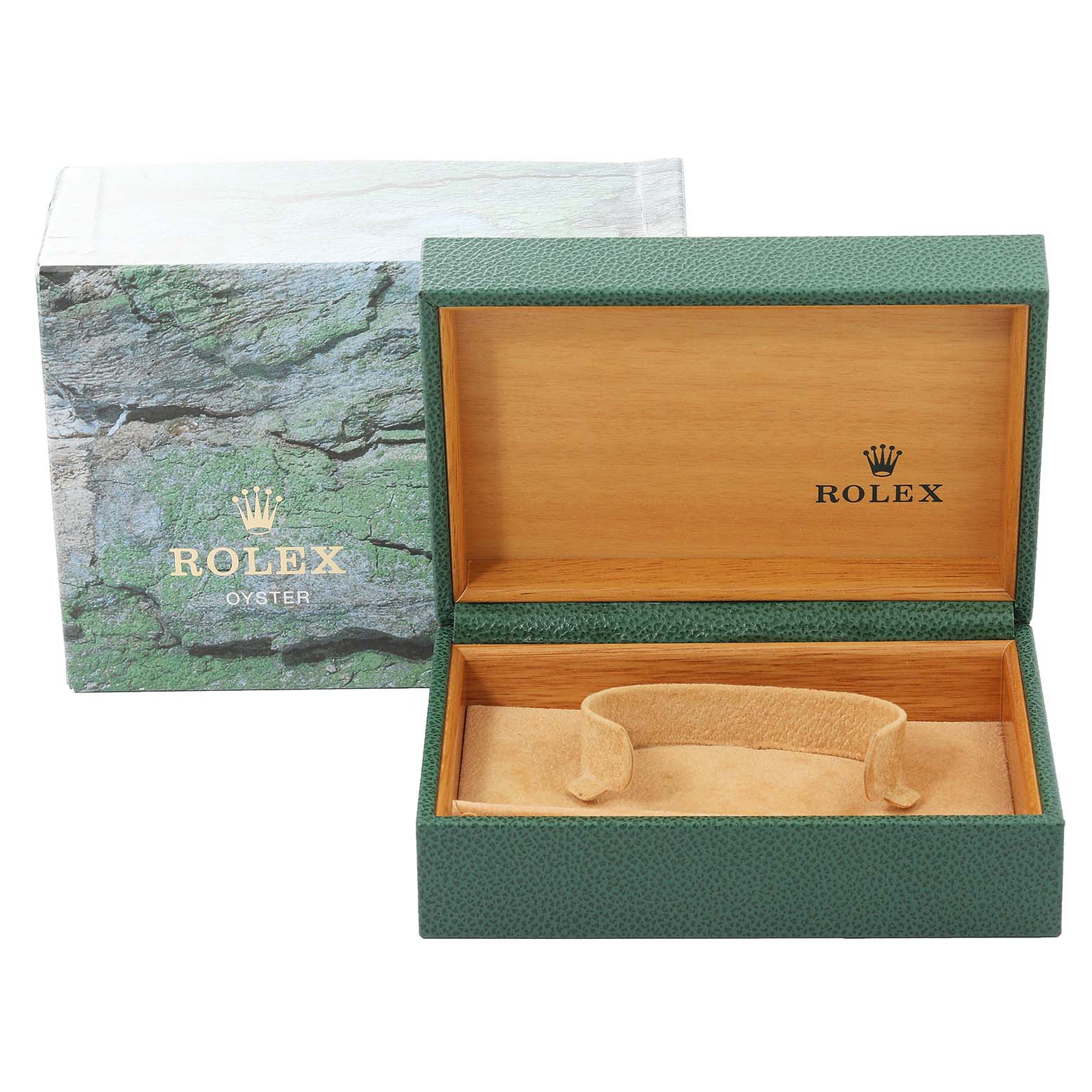 The image shows a green Rolex Oyster watch box open, displaying its interior with a cushion holder, intended for the Air-King model.