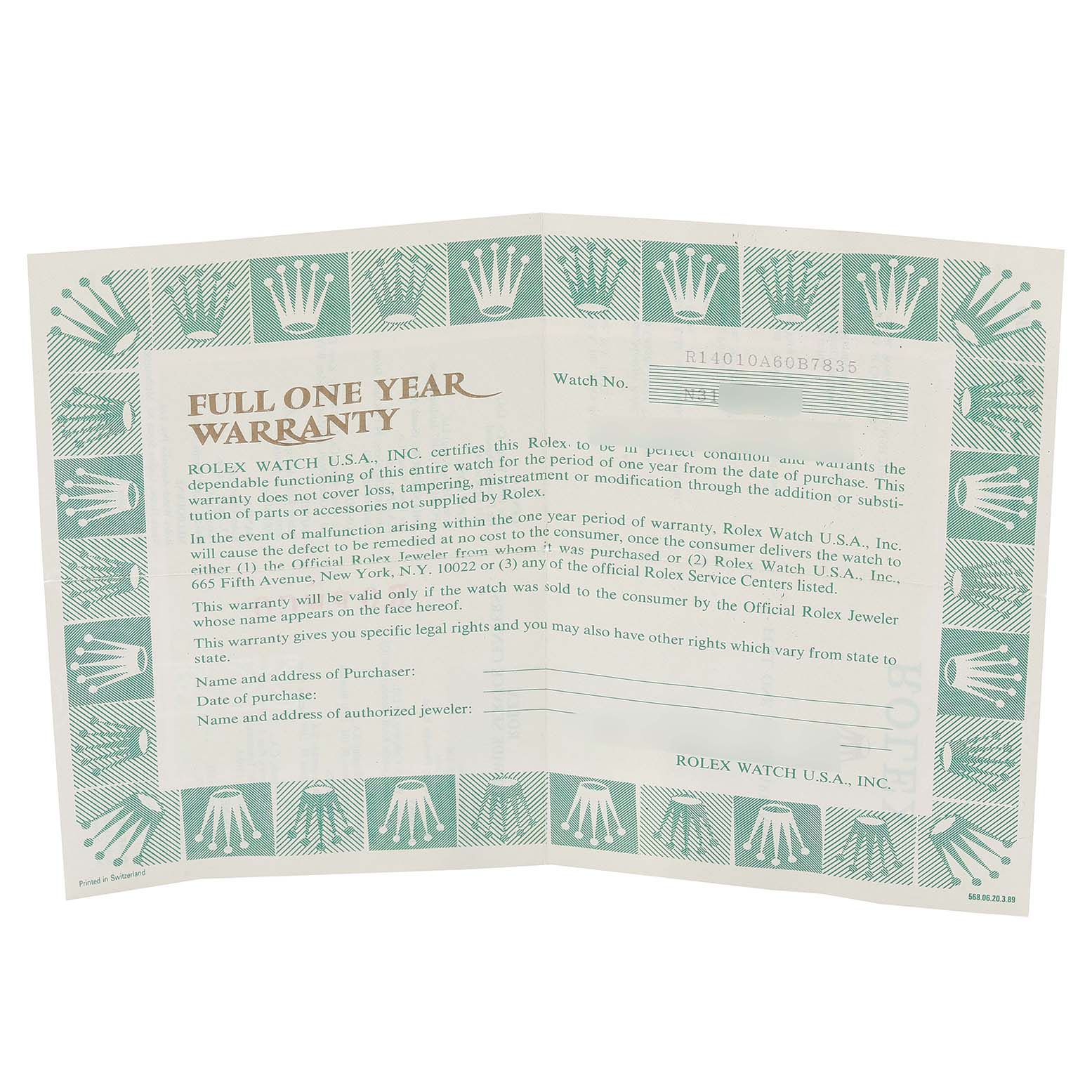 The image shows a full one-year warranty card for the Rolex Air-King 14010 Men's Stainless Steel Blue Dial 14010 Men's Stainless Steel Blue Dial model.